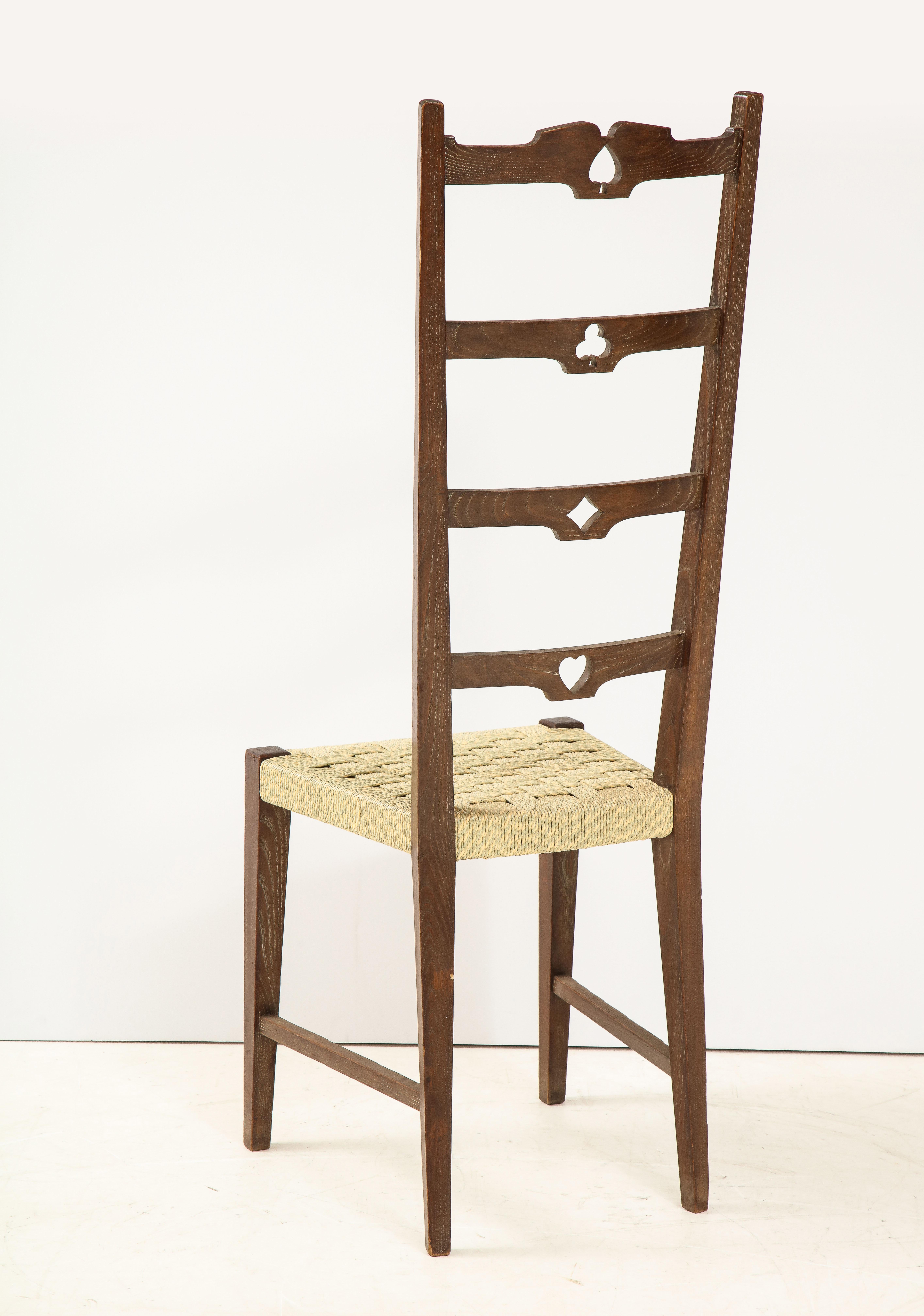Set of Six Italian Walnut Rustic Ladder Back Chairs with Playing Card Motif For Sale 9