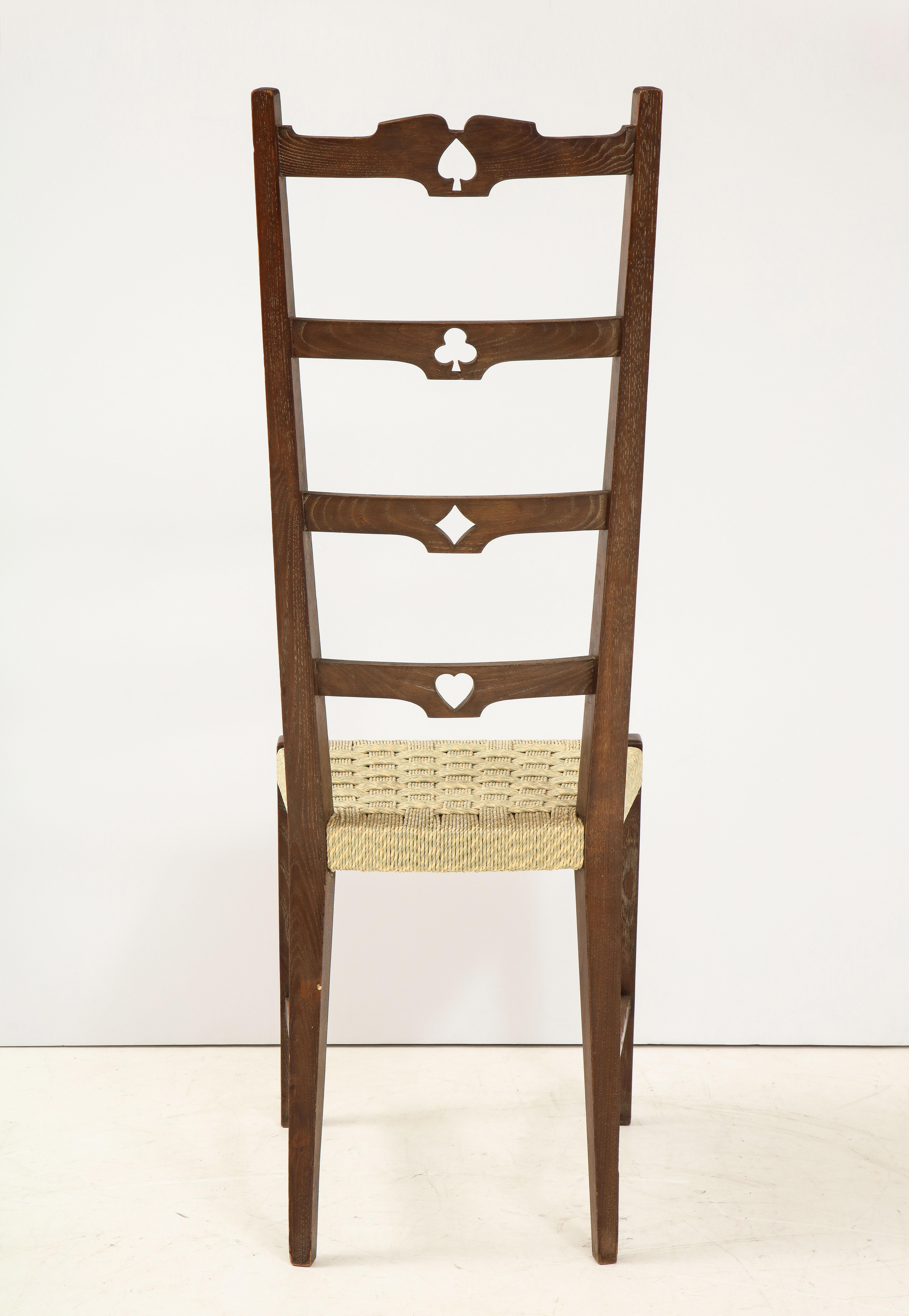 Set of Six Italian Walnut Rustic Ladder Back Chairs with Playing Card Motif For Sale 10
