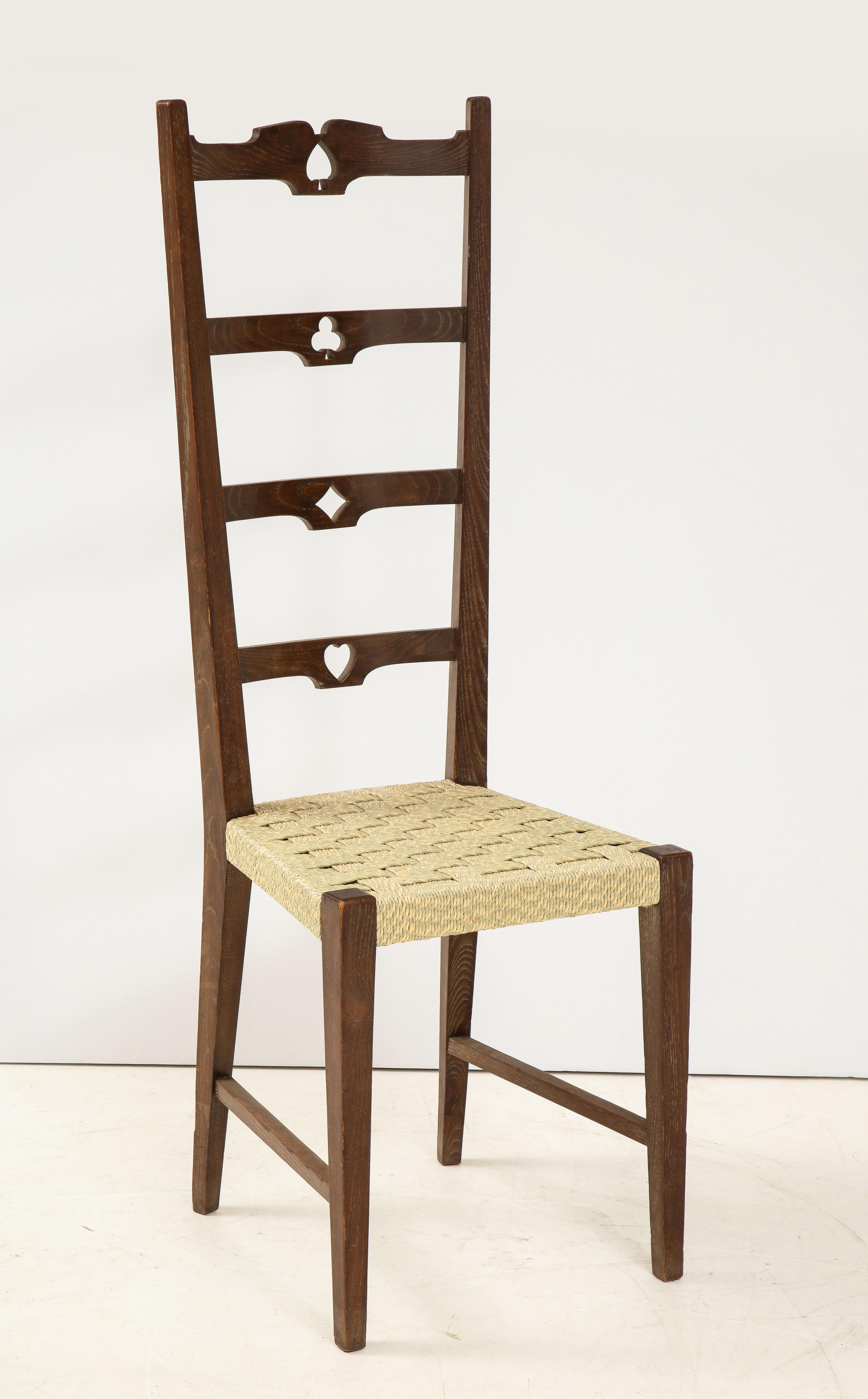 Set of Six Italian Walnut Rustic Ladder Back Chairs with Playing Card Motif For Sale 12