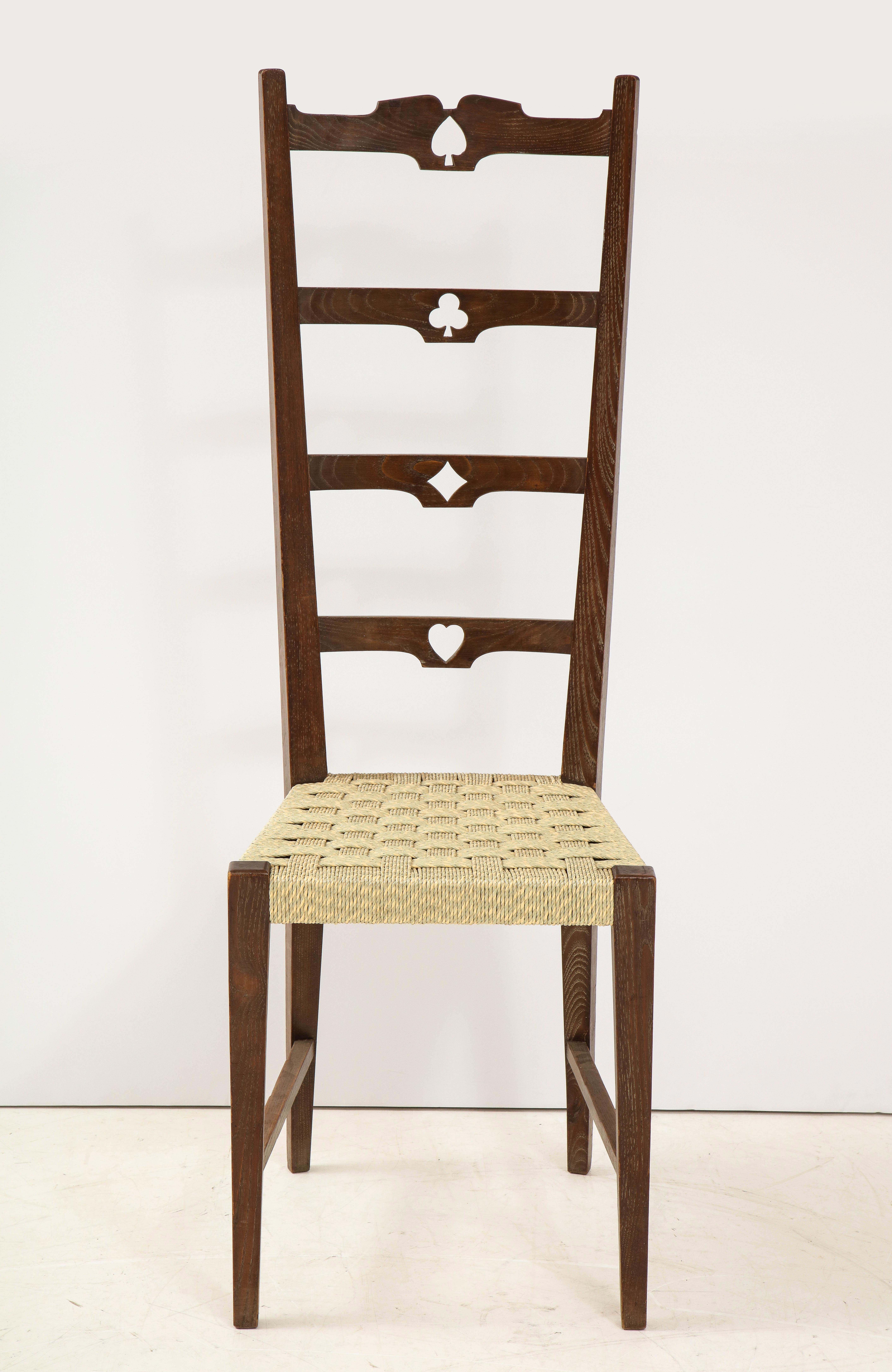 Mid-20th Century Set of Six Italian Walnut Rustic Ladder Back Chairs with Playing Card Motif For Sale