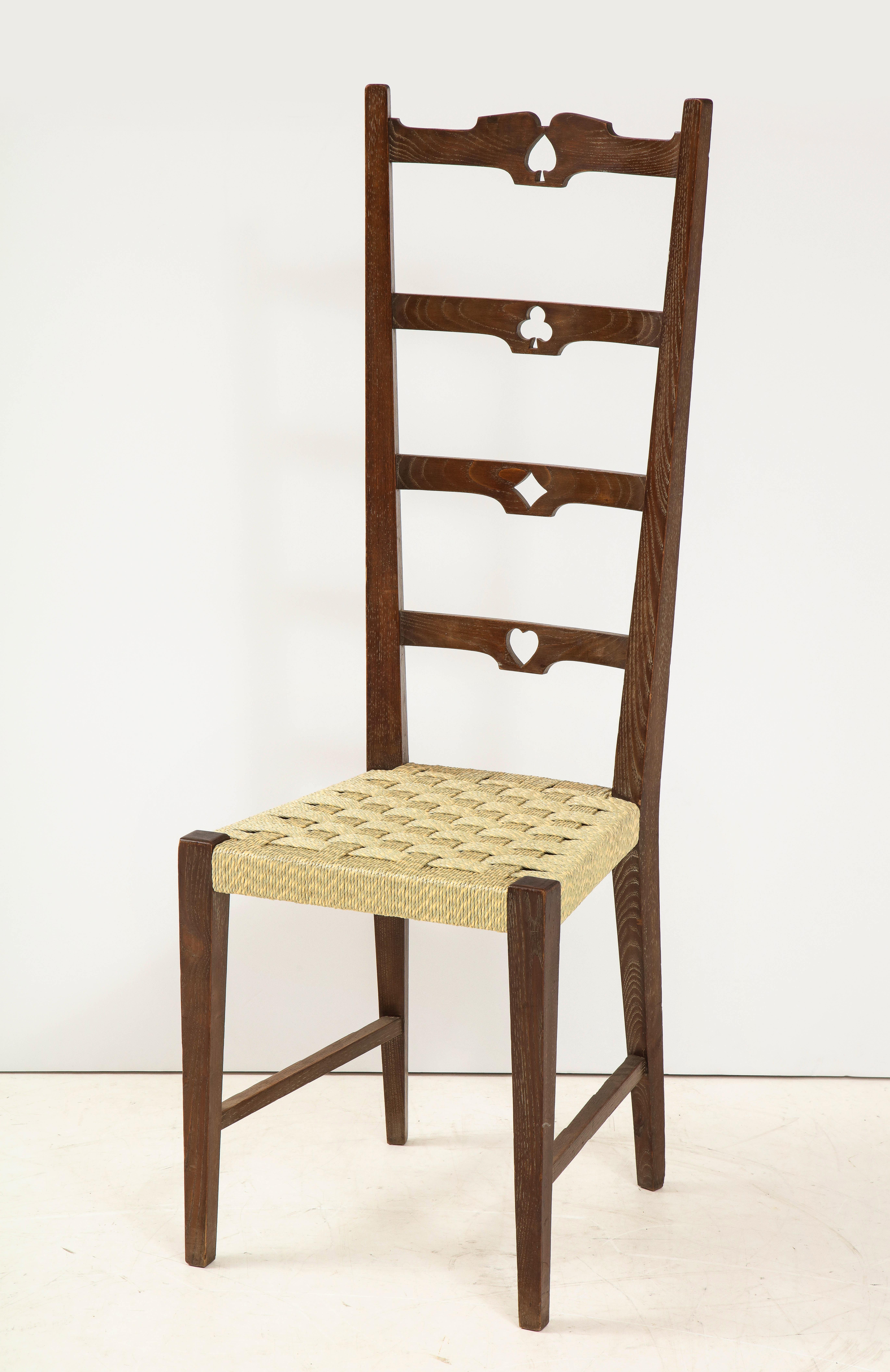 Set of Six Italian Walnut Rustic Ladder Back Chairs with Playing Card Motif For Sale 5
