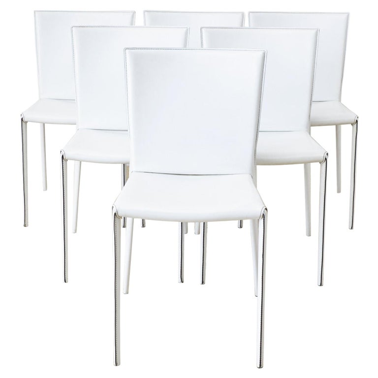 Set of Six Italian White Leather Wrapped Dining Chairs at 1stDibs