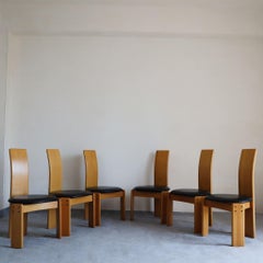 Set of six italian wood chairs leather seats by Afra e Tobia Scarpa, 1970s