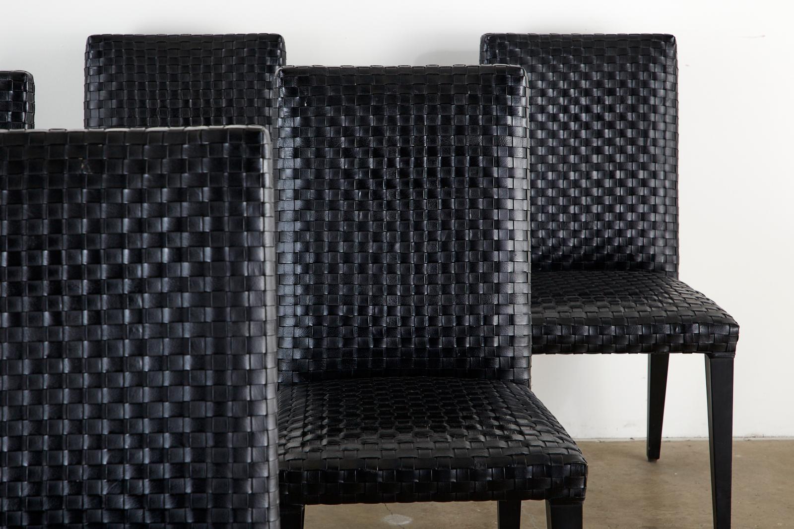 Ebonized Set of Six Italian Woven Black Leather Dining Chairs