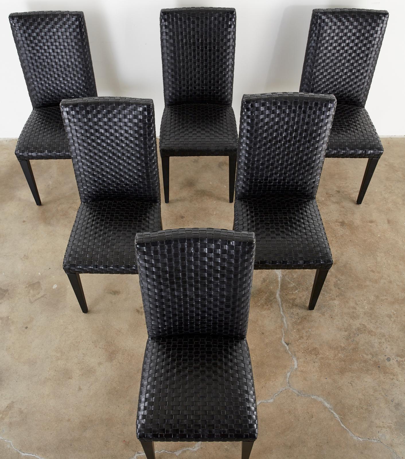 Set of Six Italian Woven Black Leather Dining Chairs In Good Condition In Rio Vista, CA