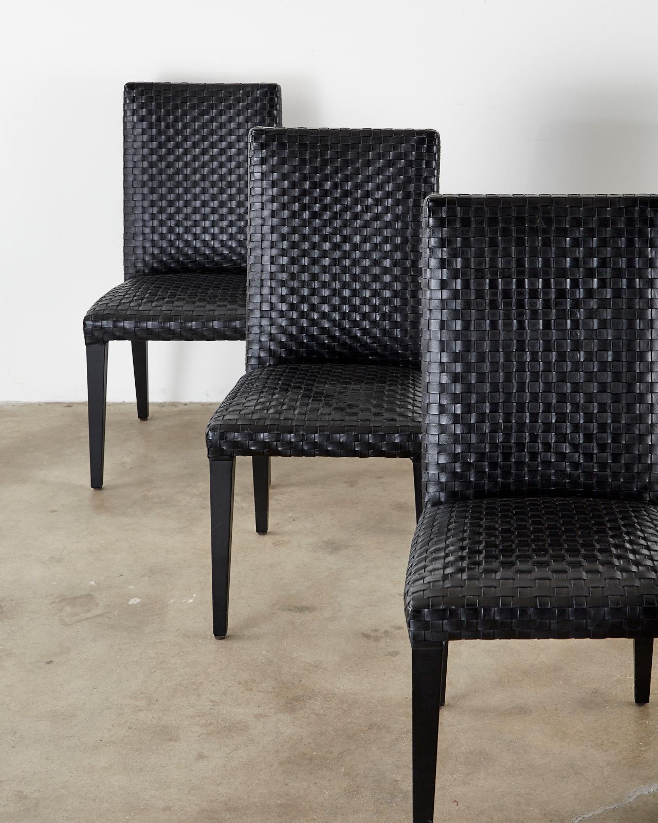 20th Century Set of Six Italian Woven Black Leather Dining Chairs