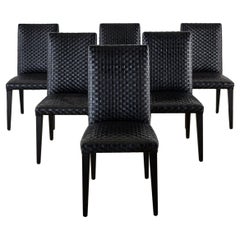 Set of Six Italian Woven Black Leather Dining Chairs