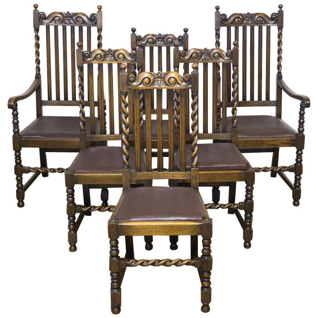 Set of Six Jacobean Influenced Oak Chairs For Sale