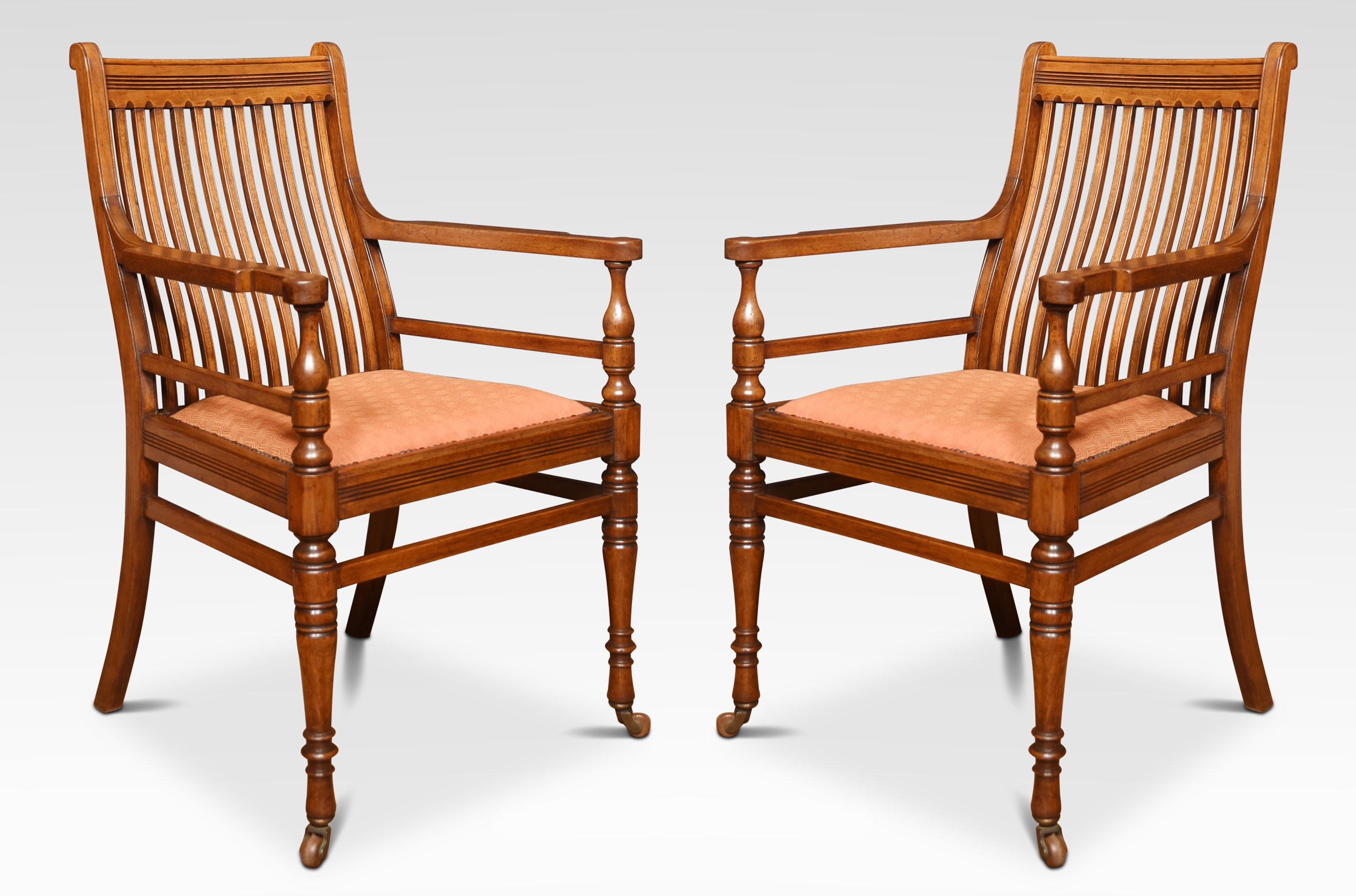 Set of Six James Shoolbread dining chairs, comprising of two armchairs and four chairs, the shed comb backs above upholstered seat. All raised up on ring turned legs united by stretchers.
Dimensions
Armchairs
Height 36.5 inches Height to seat 18