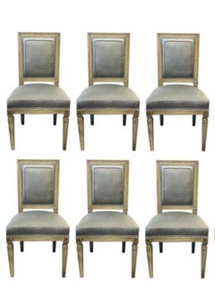 Set of Six Jansen Style Dining, Side Chairs, Faux Linen Painted, New Upholstery