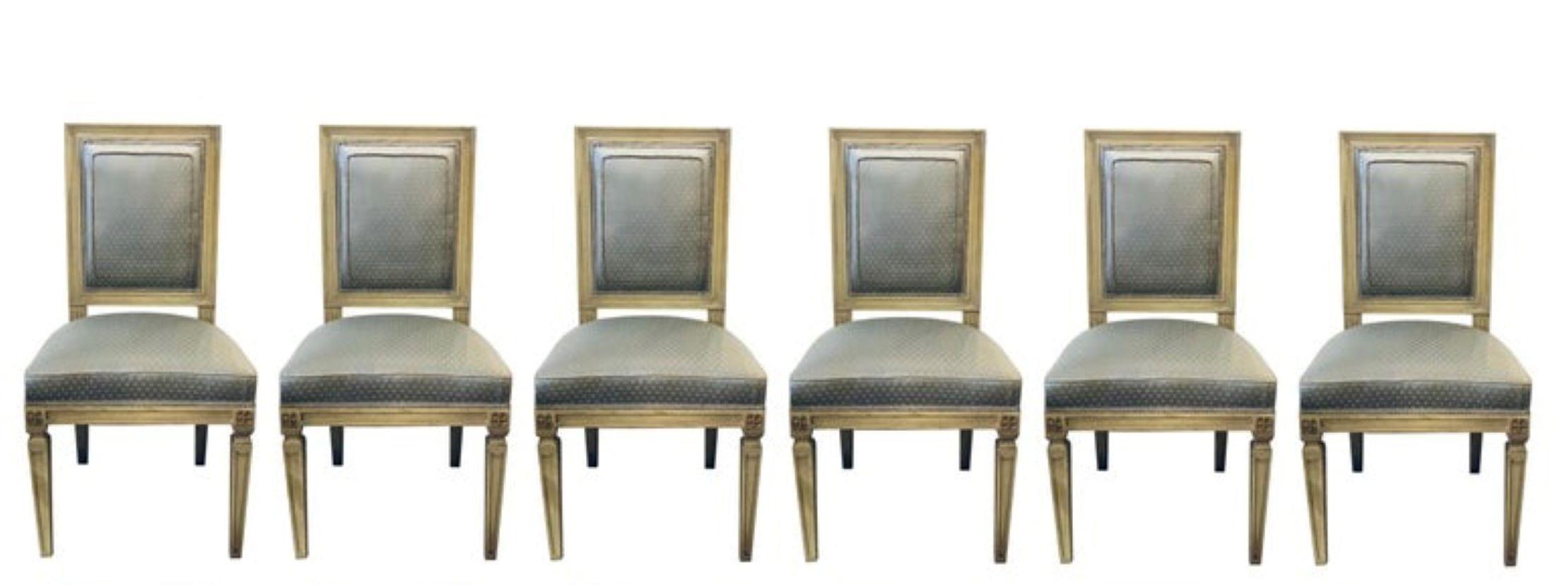 20th Century Set of Six Jansen Style Dining, Side Chairs, Faux Linen Painted, New Upholstery For Sale