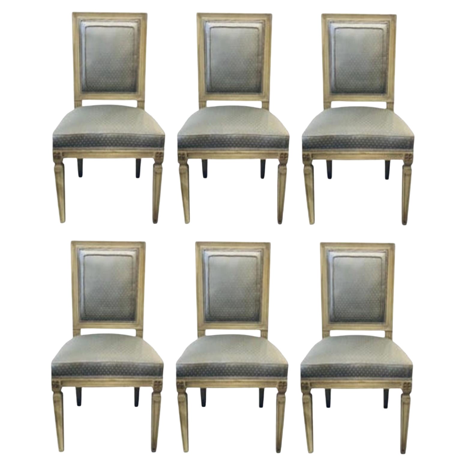 Set of Six Jansen Style Dining, Side Chairs, Faux Linen Painted, New Upholstery For Sale