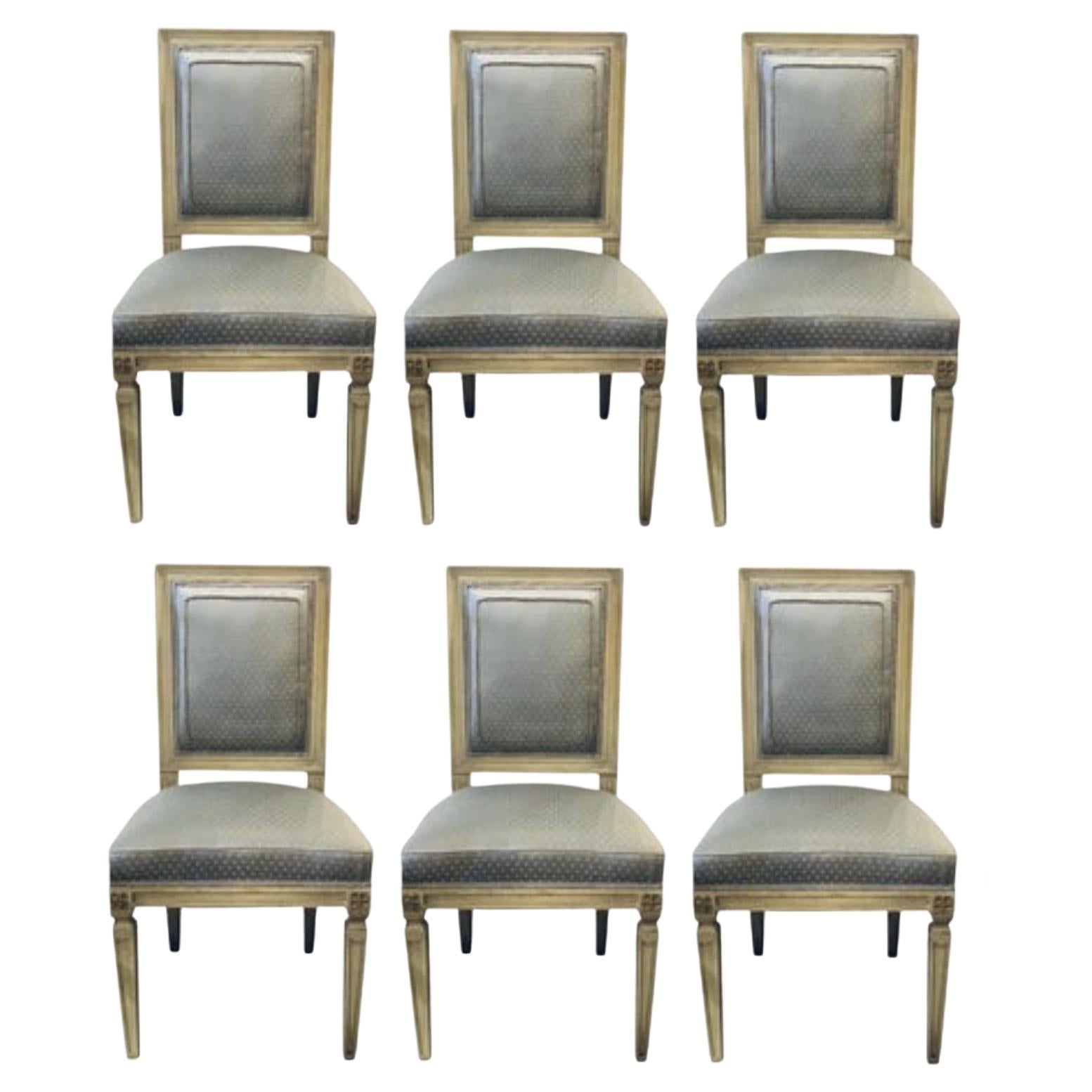 Set of Six Jansen Style Dining, Side Chairs, Faux Linen Painted, New Upholstery For Sale