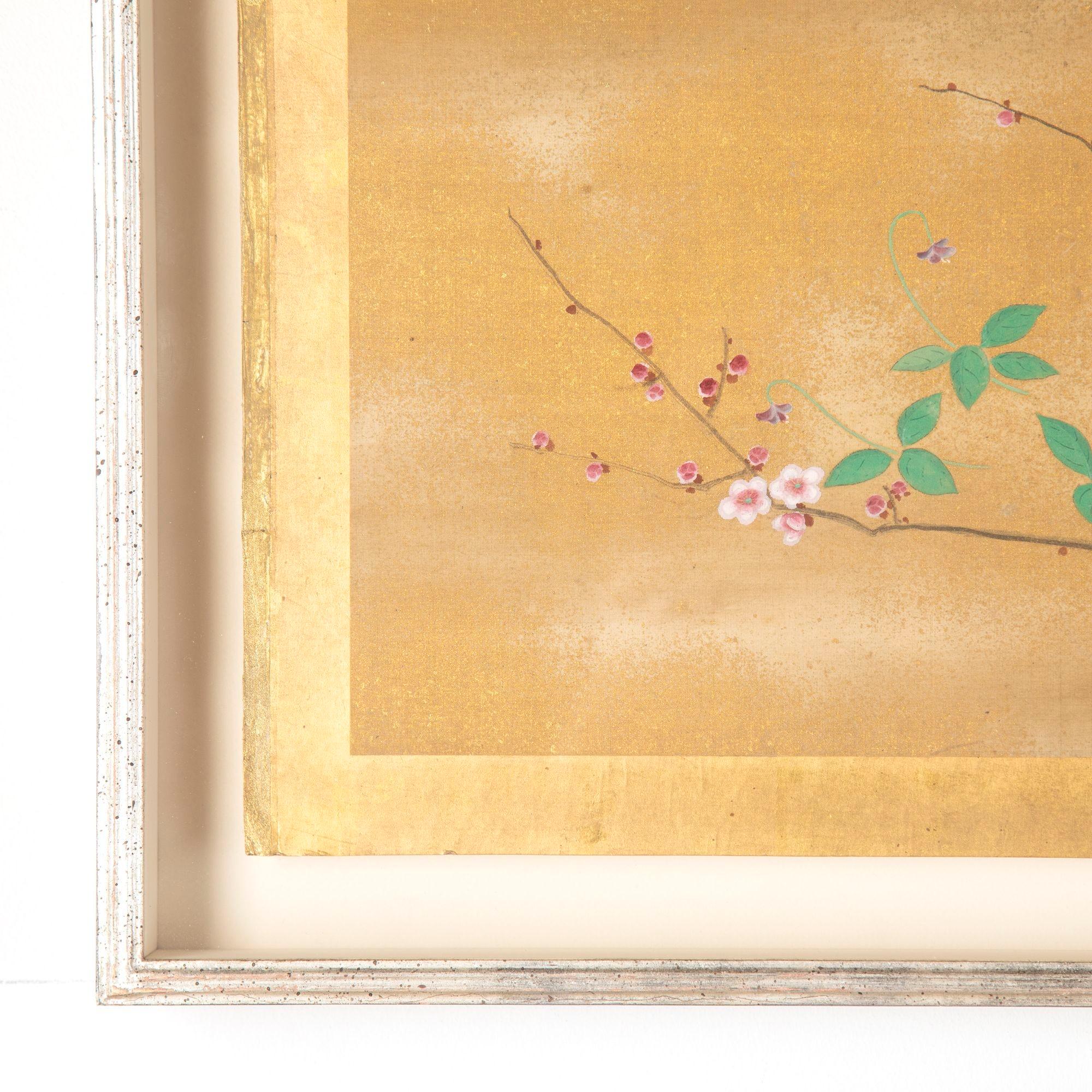Set of six 19th Century Japanese Kano school paintings, circa 1860.
These beautiful ink watercolour paintings are done on a gold silk ground, depicting birds, bats, flowers, insects, etc.
Perfect for bringing a sense of the outdoors into your