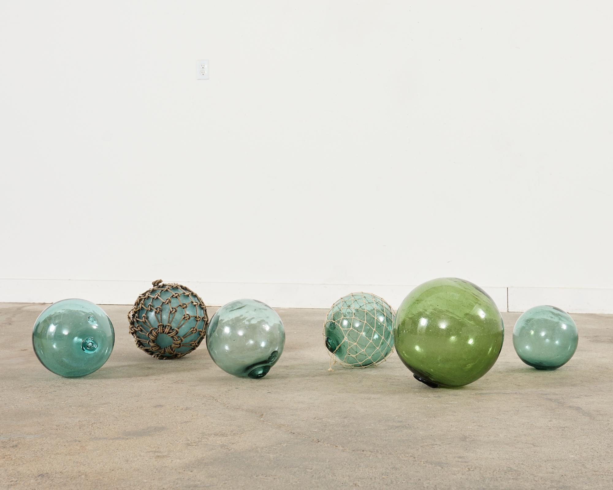 Rustic Set of Six Japanese Blown Glass Fishing Float Buoys