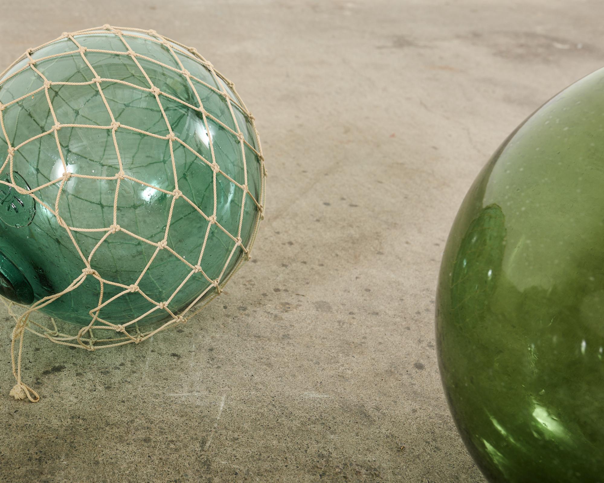 Rope Set of Six Japanese Blown Glass Fishing Float Buoys