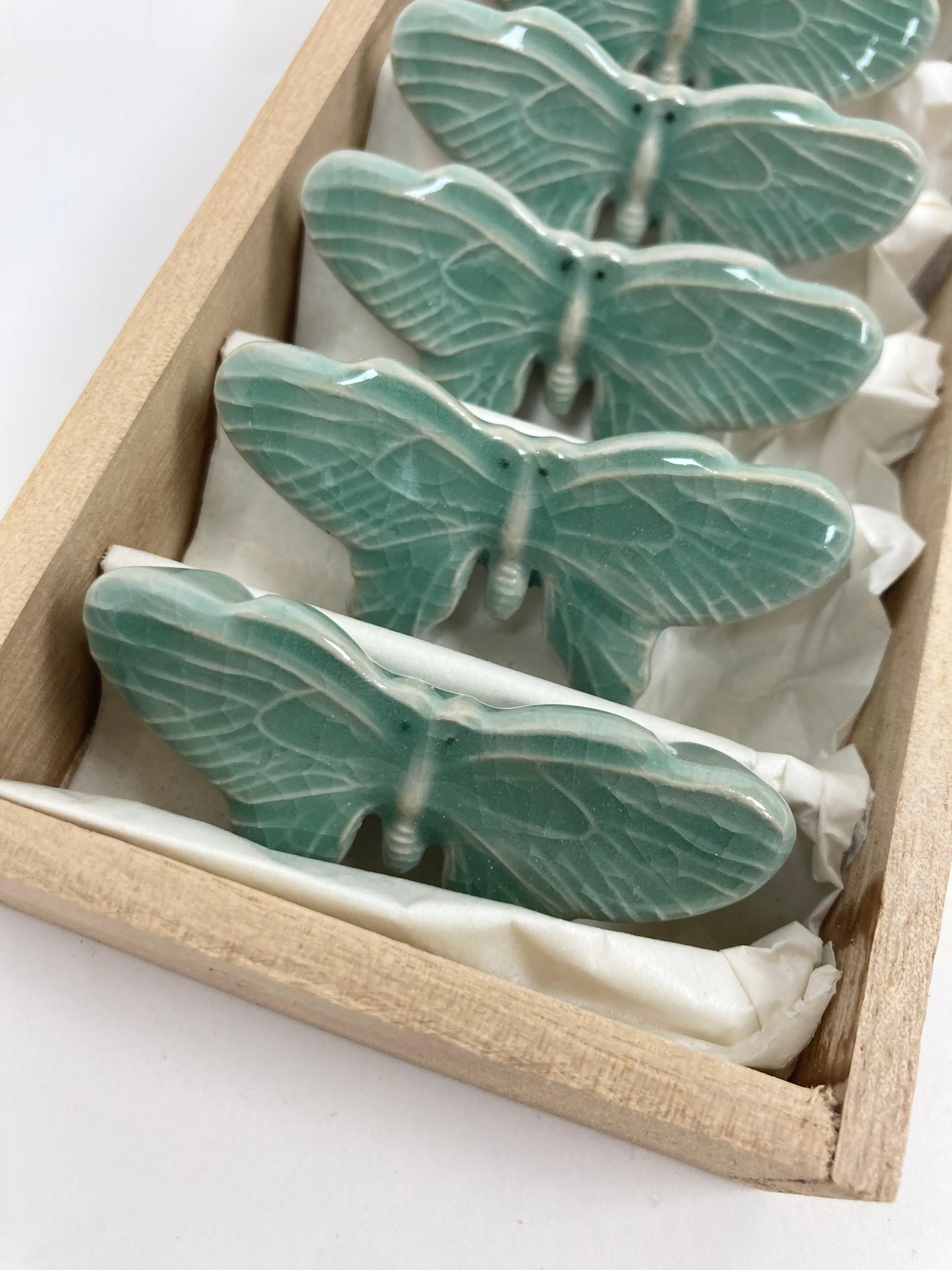 Edo Set of Six Japanese Celadon Butterfly Chop Stick Rests For Sale