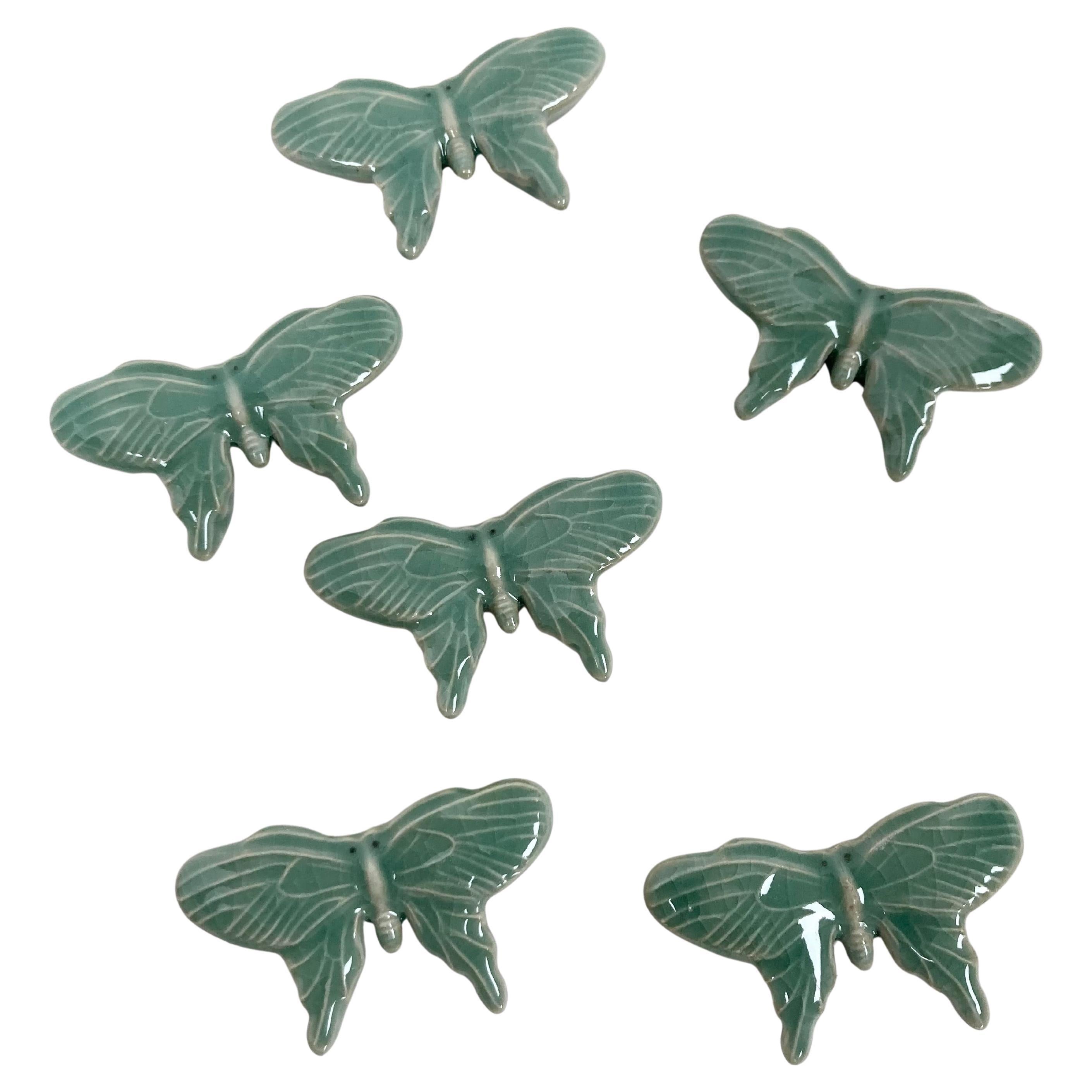 Set of Six Japanese Celadon Butterfly Chop Stick Rests For Sale