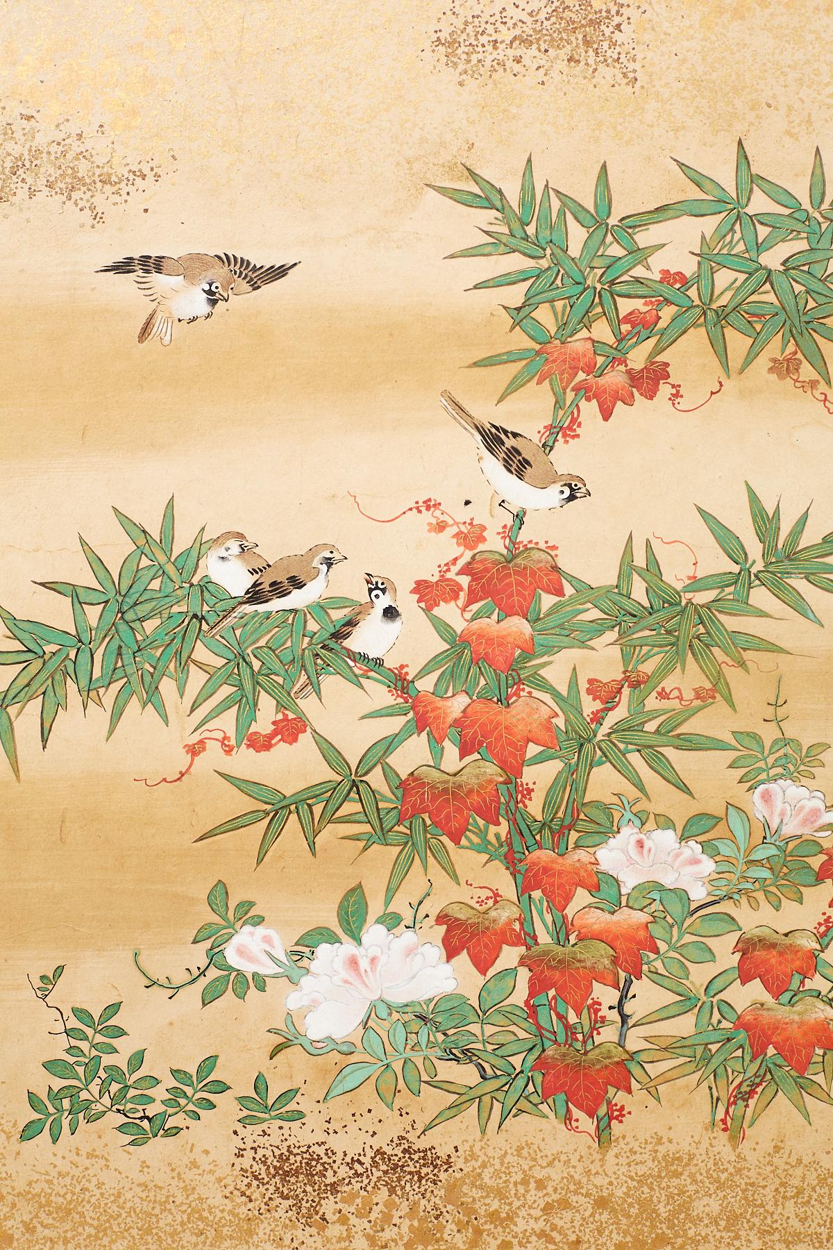 Set of Six Japanese Flora and Fauna Painted Panels 8