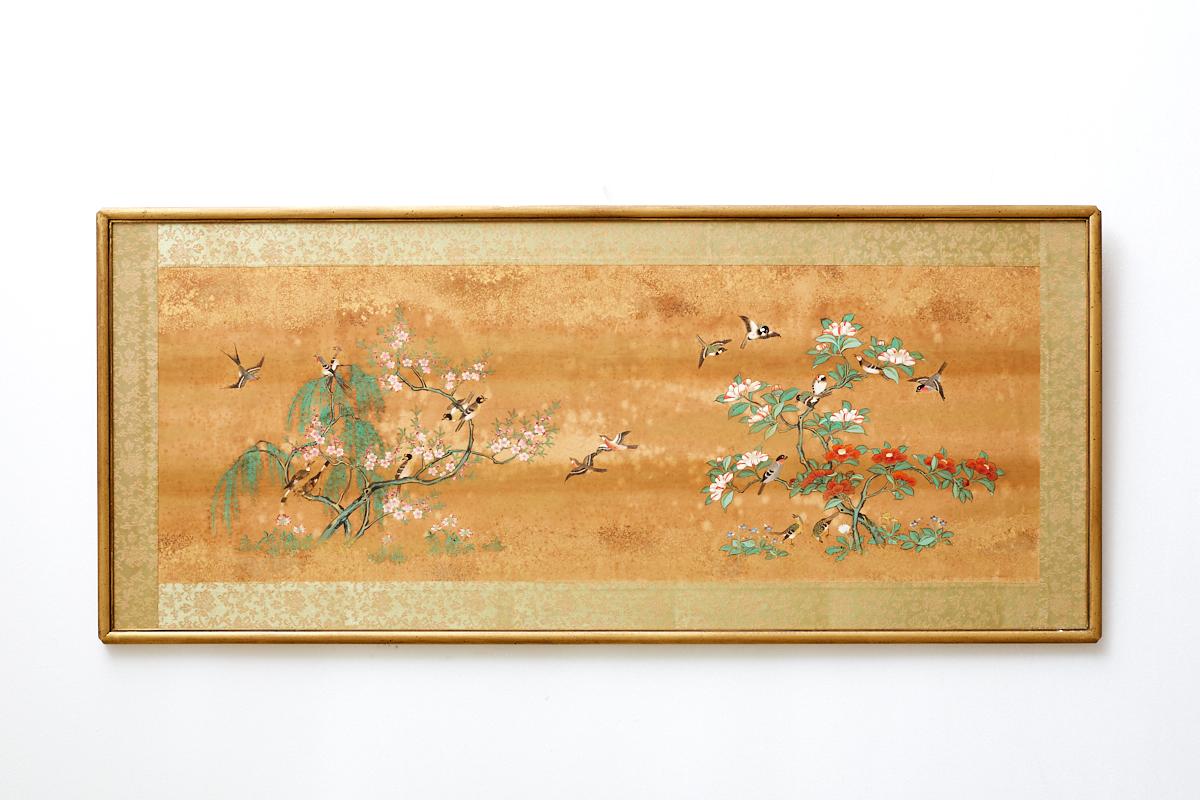 Meiji Set of Six Japanese Flora and Fauna Painted Panels