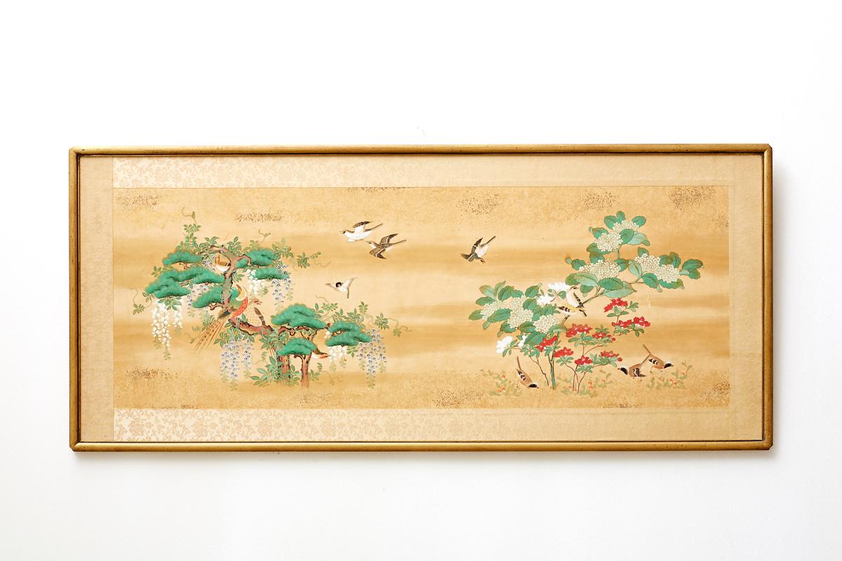 Gilt Set of Six Japanese Flora and Fauna Painted Panels