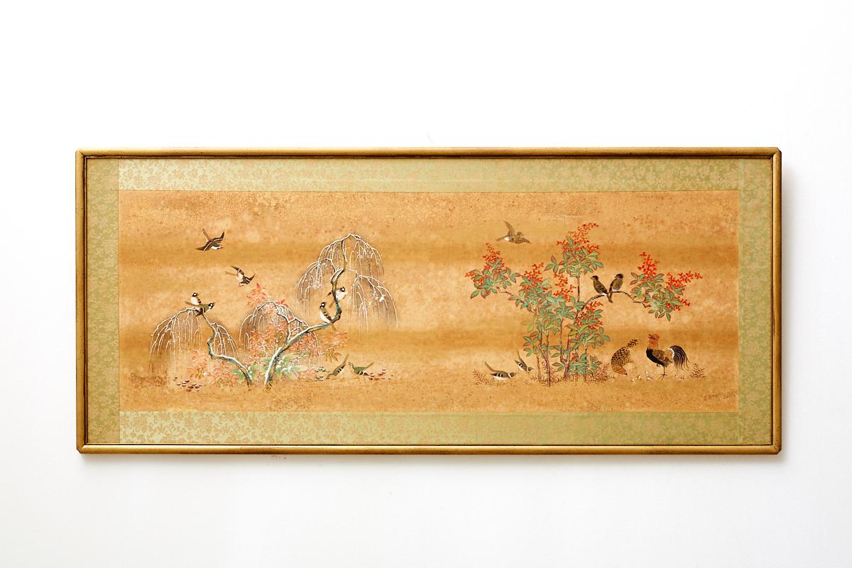 Silk Set of Six Japanese Flora and Fauna Painted Panels
