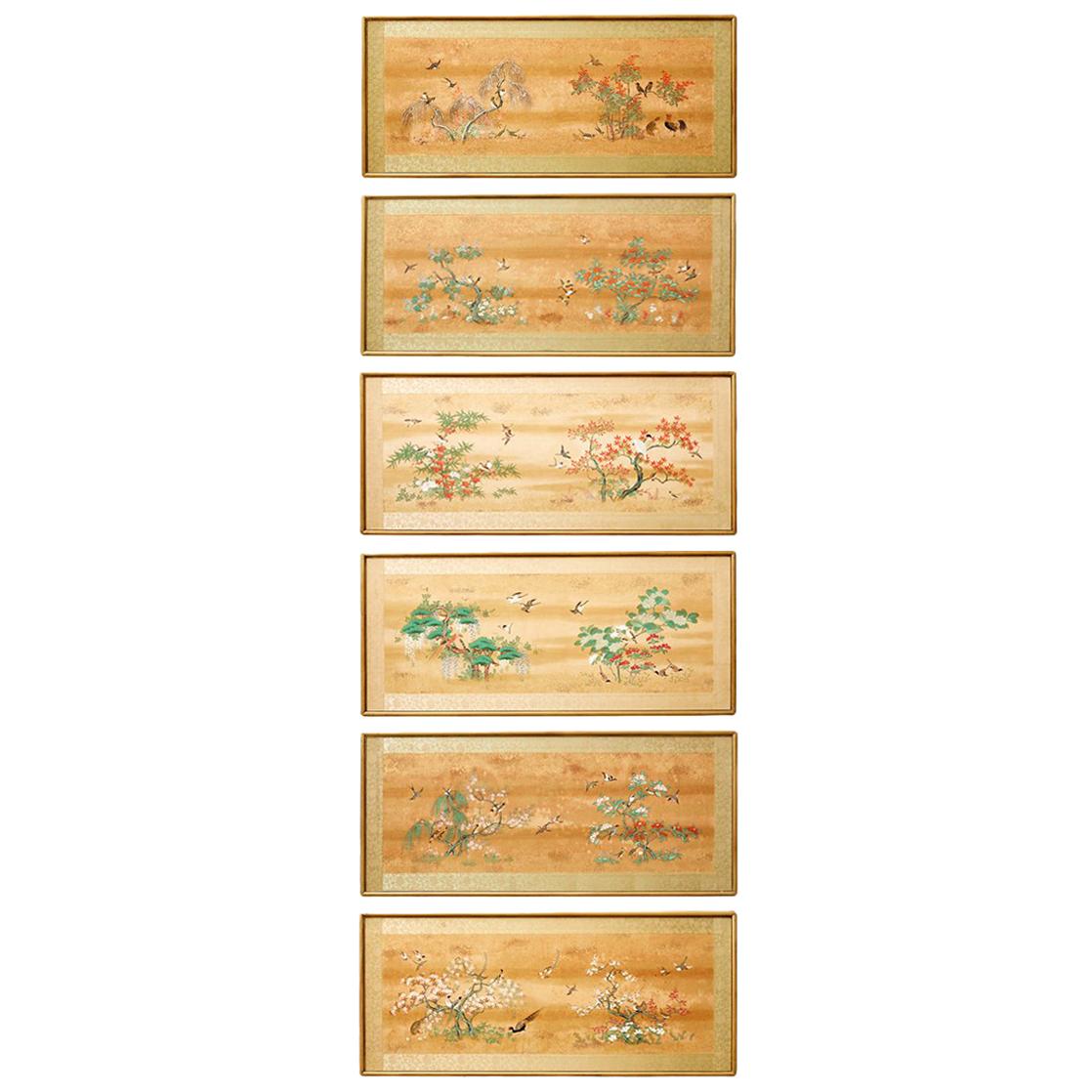 Set of Six Japanese Flora and Fauna Painted Panels