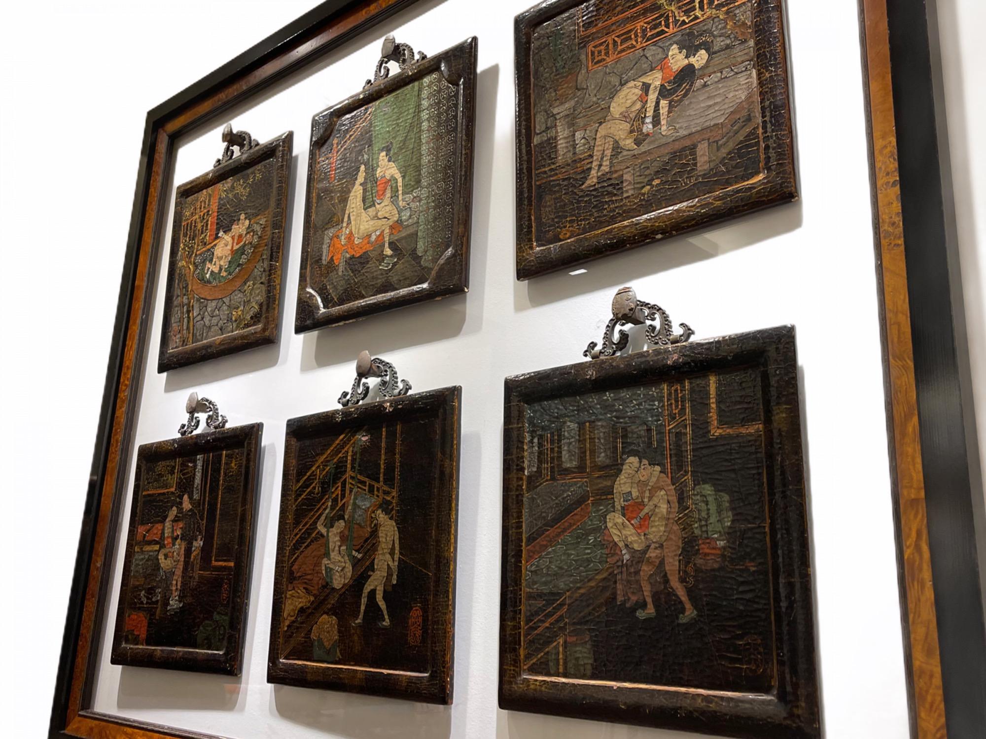 Set of Six Japanese Ido Period Shunga 'Erotica' Hanging Lacquered Wood Panels 2