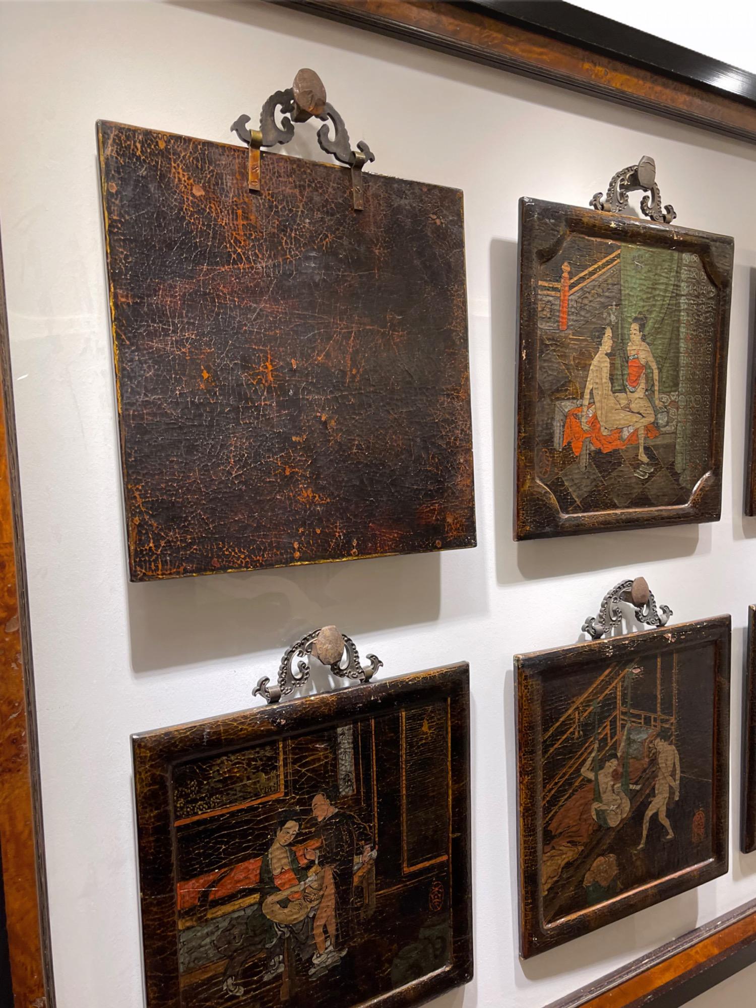 Set of Six Japanese Ido Period Shunga 'Erotica' Hanging Lacquered Wood Panels 10
