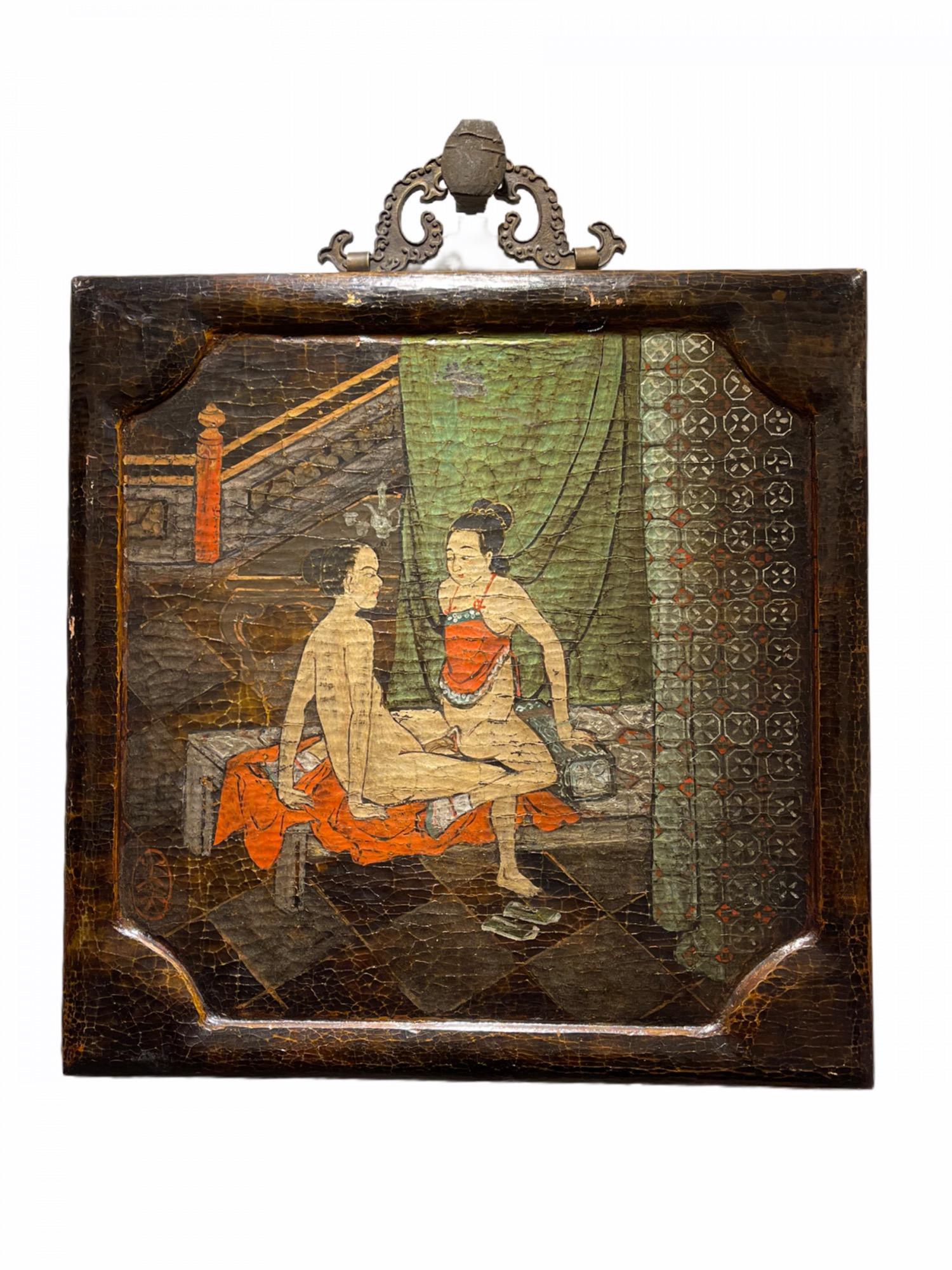 Edo Set of Six Japanese Ido Period Shunga 'Erotica' Hanging Lacquered Wood Panels For Sale