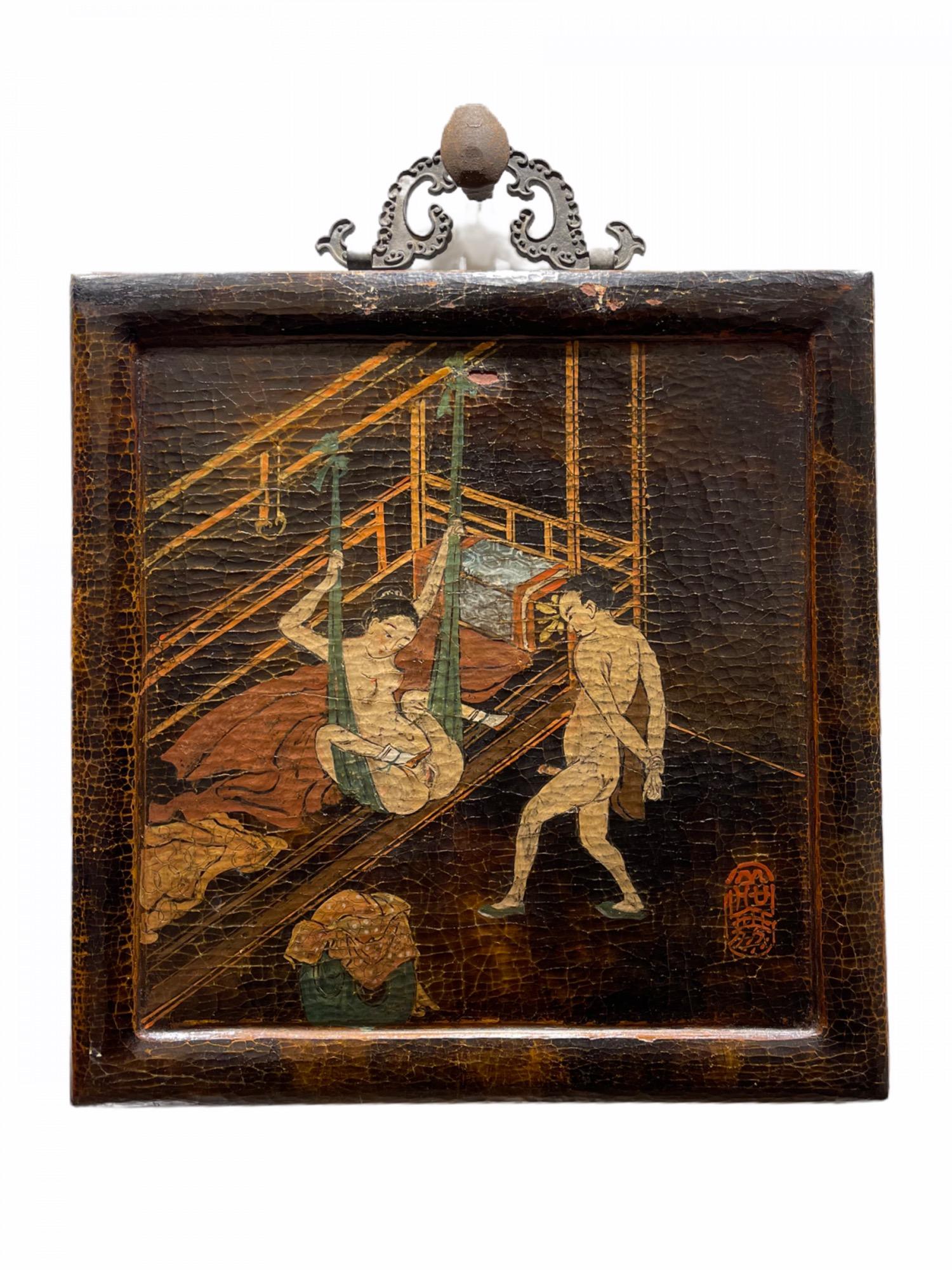 Hand-Carved Set of Six Japanese Ido Period Shunga 'Erotica' Hanging Lacquered Wood Panels For Sale
