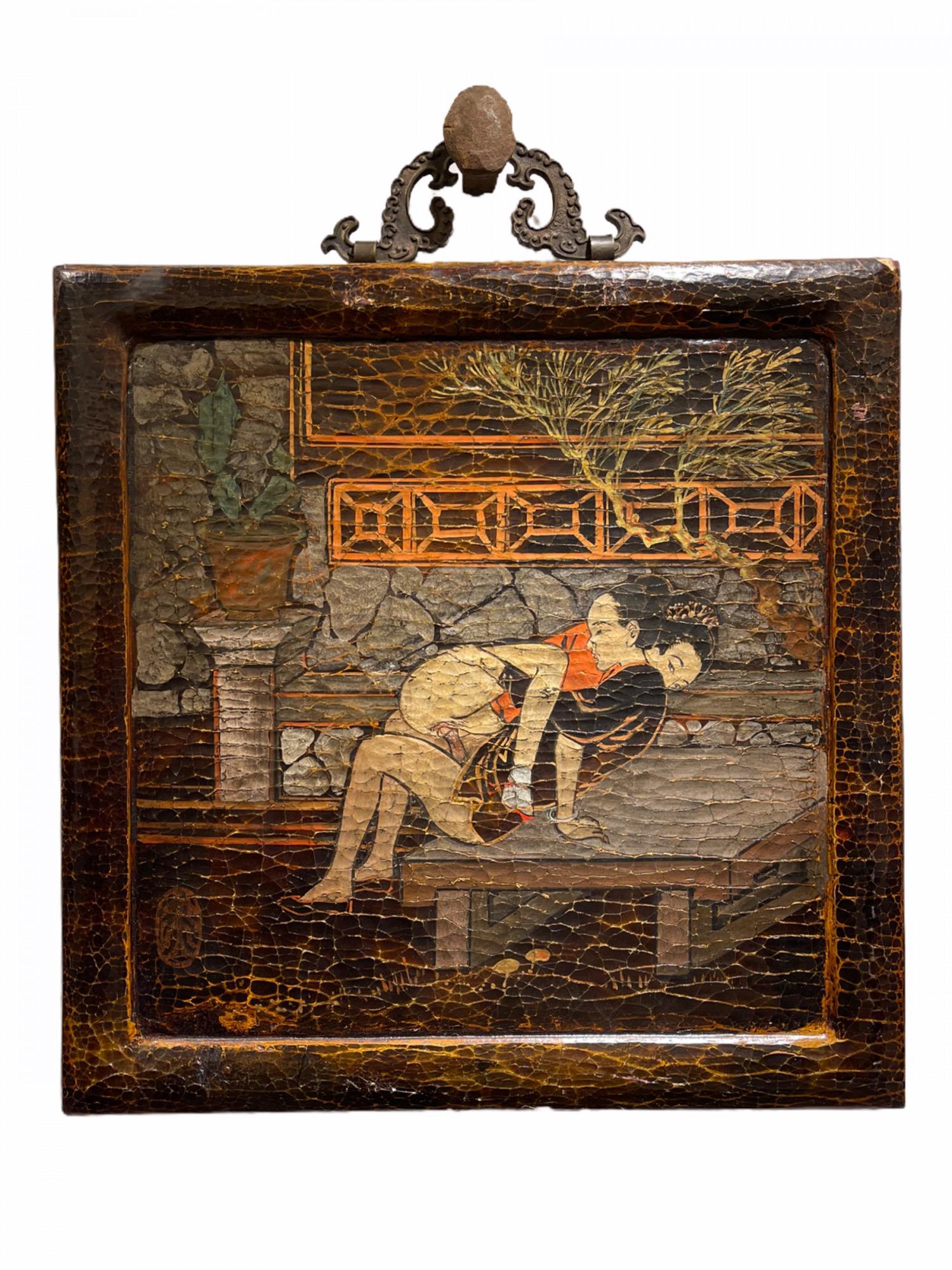 Set of Six Japanese Ido Period Shunga 'Erotica' Hanging Lacquered Wood Panels In Distressed Condition For Sale In North Miami, FL