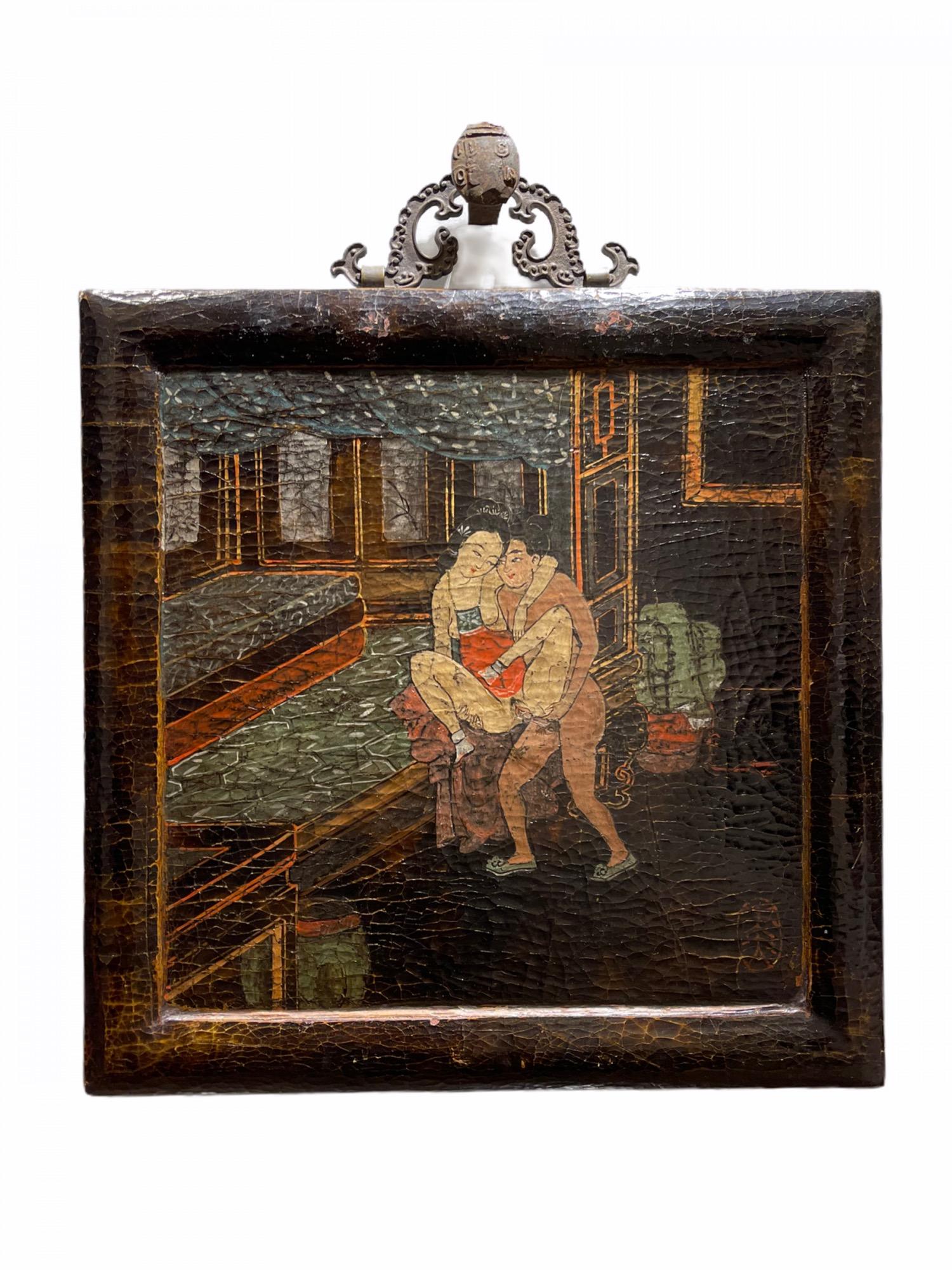 18th Century and Earlier Set of Six Japanese Ido Period Shunga 'Erotica' Hanging Lacquered Wood Panels For Sale