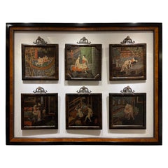 Set of Six Japanese Ido Period Shunga 'Erotica' Hanging Lacquered Wood Panels