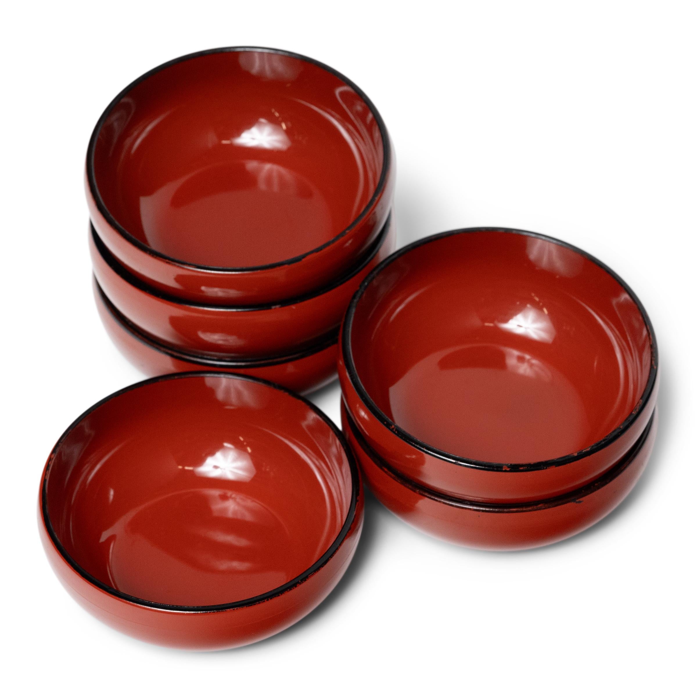 Minimalist Set of Six Japanese Red Lacquer Bowls