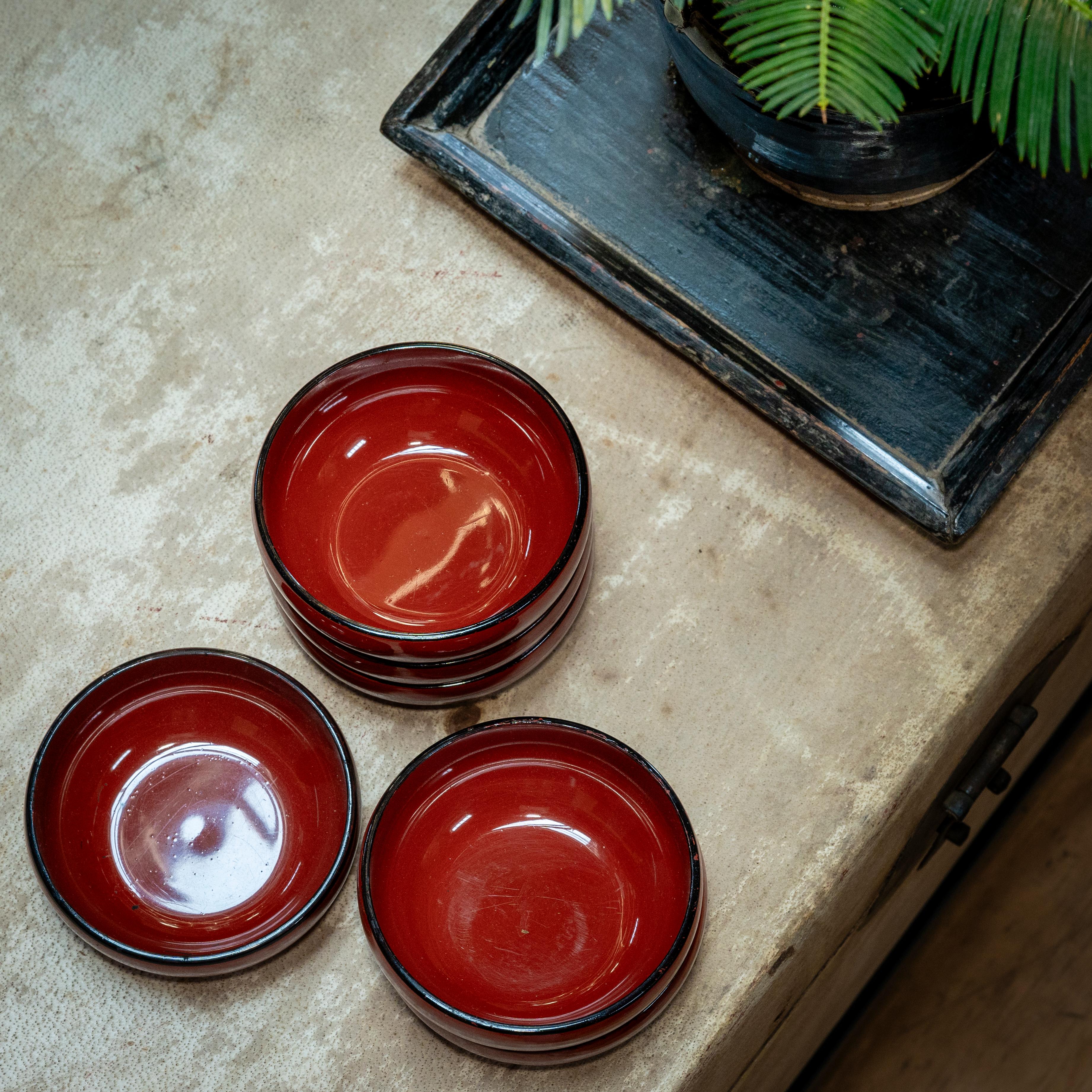 Lacquered Set of Six Japanese Red Lacquer Bowls