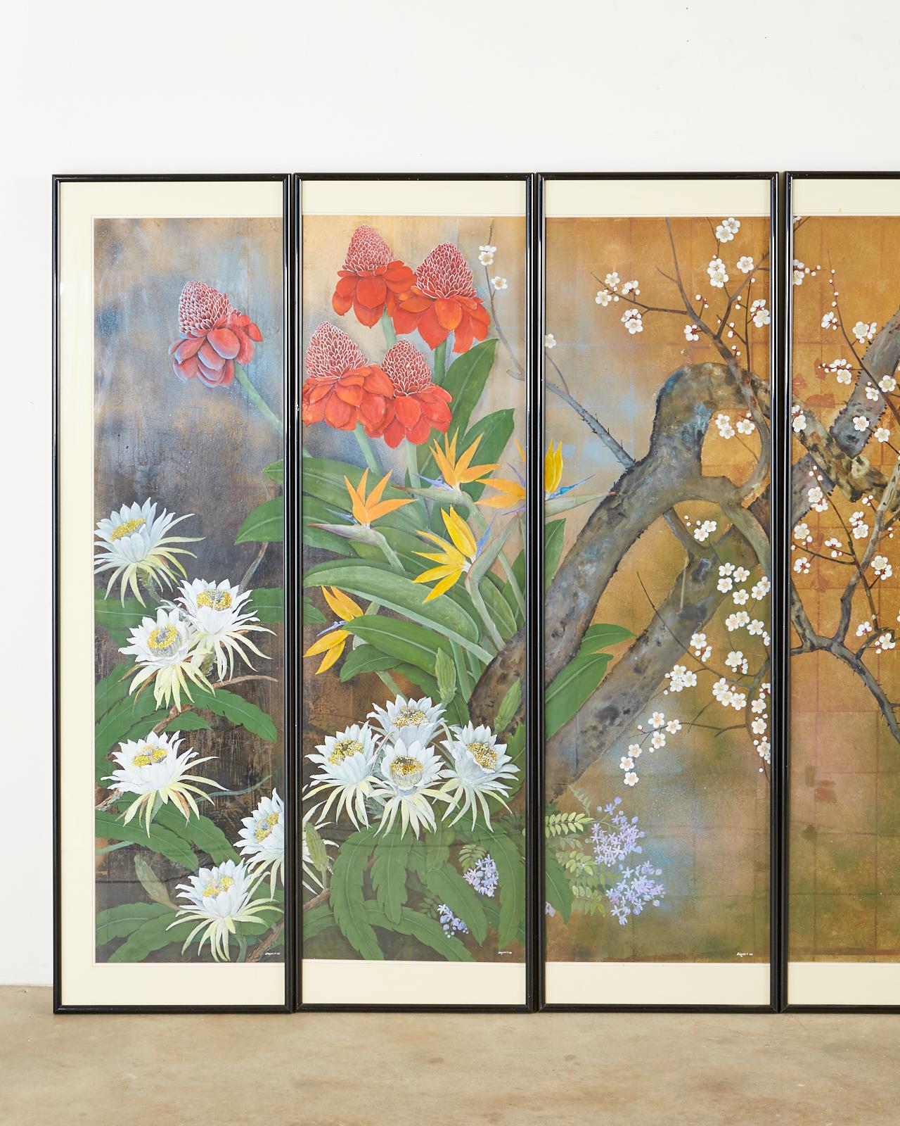 Set of Six Japanese Showa Period Framed Painted Panels by Carlota Ige In Good Condition In Rio Vista, CA