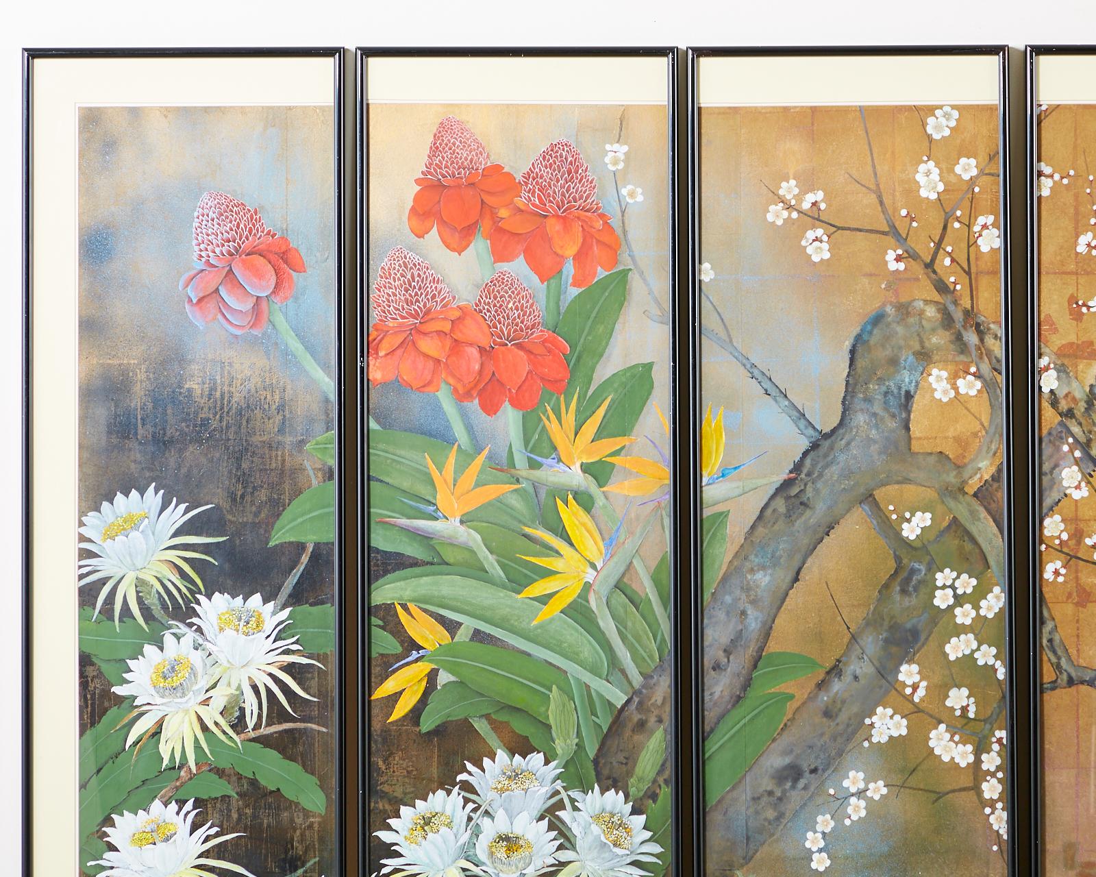 Metal Set of Six Japanese Showa Period Framed Painted Panels by Carlota Ige