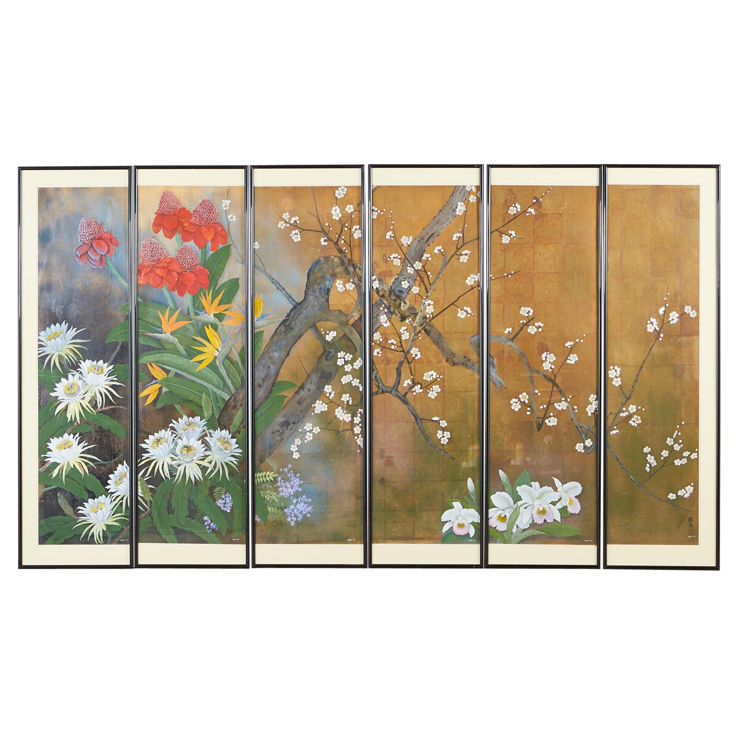 Set of Six Japanese Showa Period Framed Painted Panels by Carlota Ige