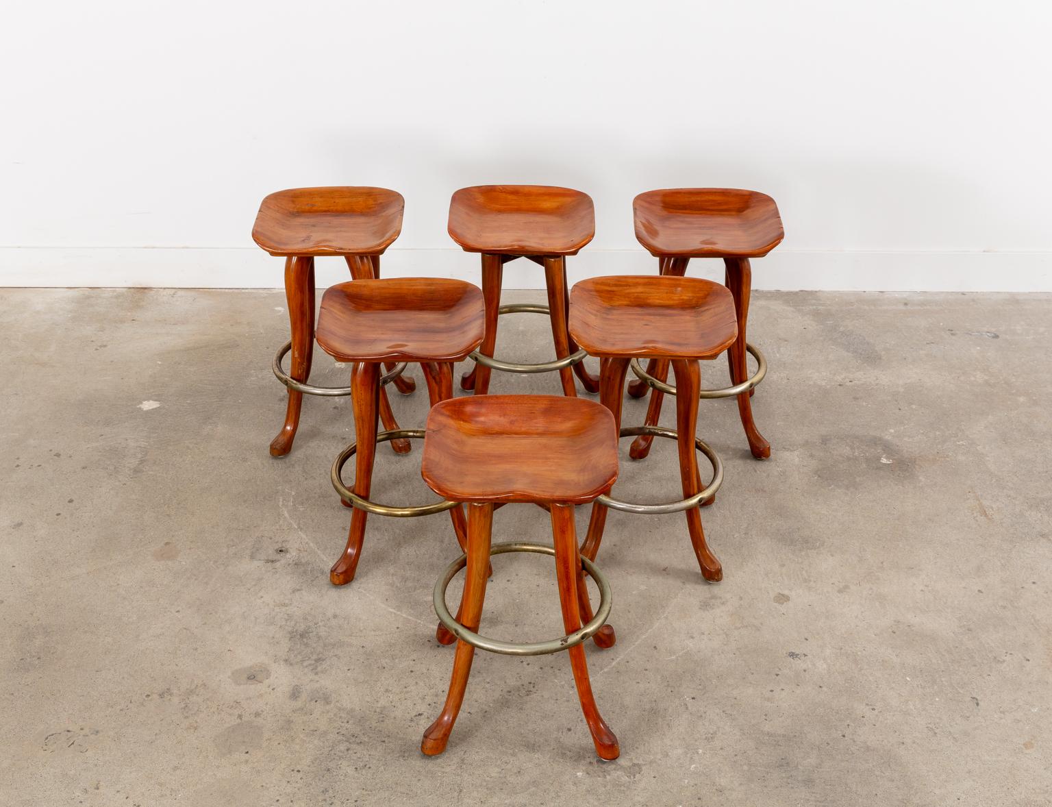 Mid-Century Modern Set of Six Jean of Topanga California Carved Barstools