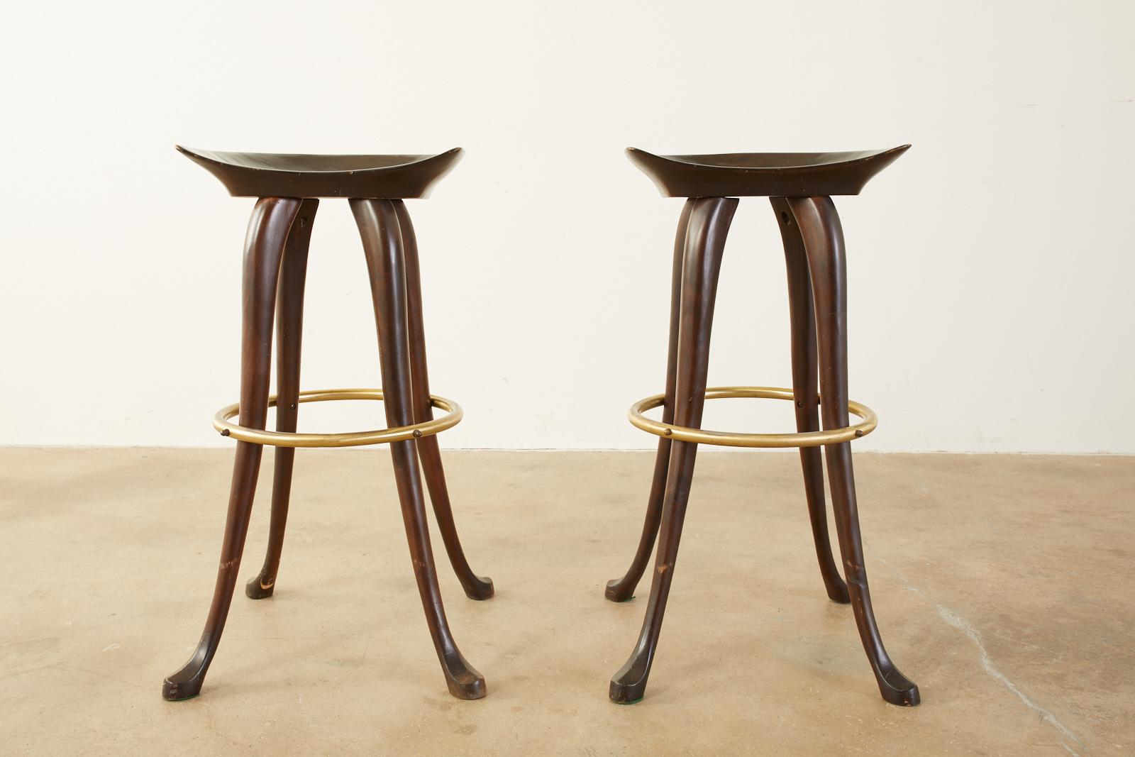 Hand-Crafted Set of Six Jean of Topanga California Carved Barstools