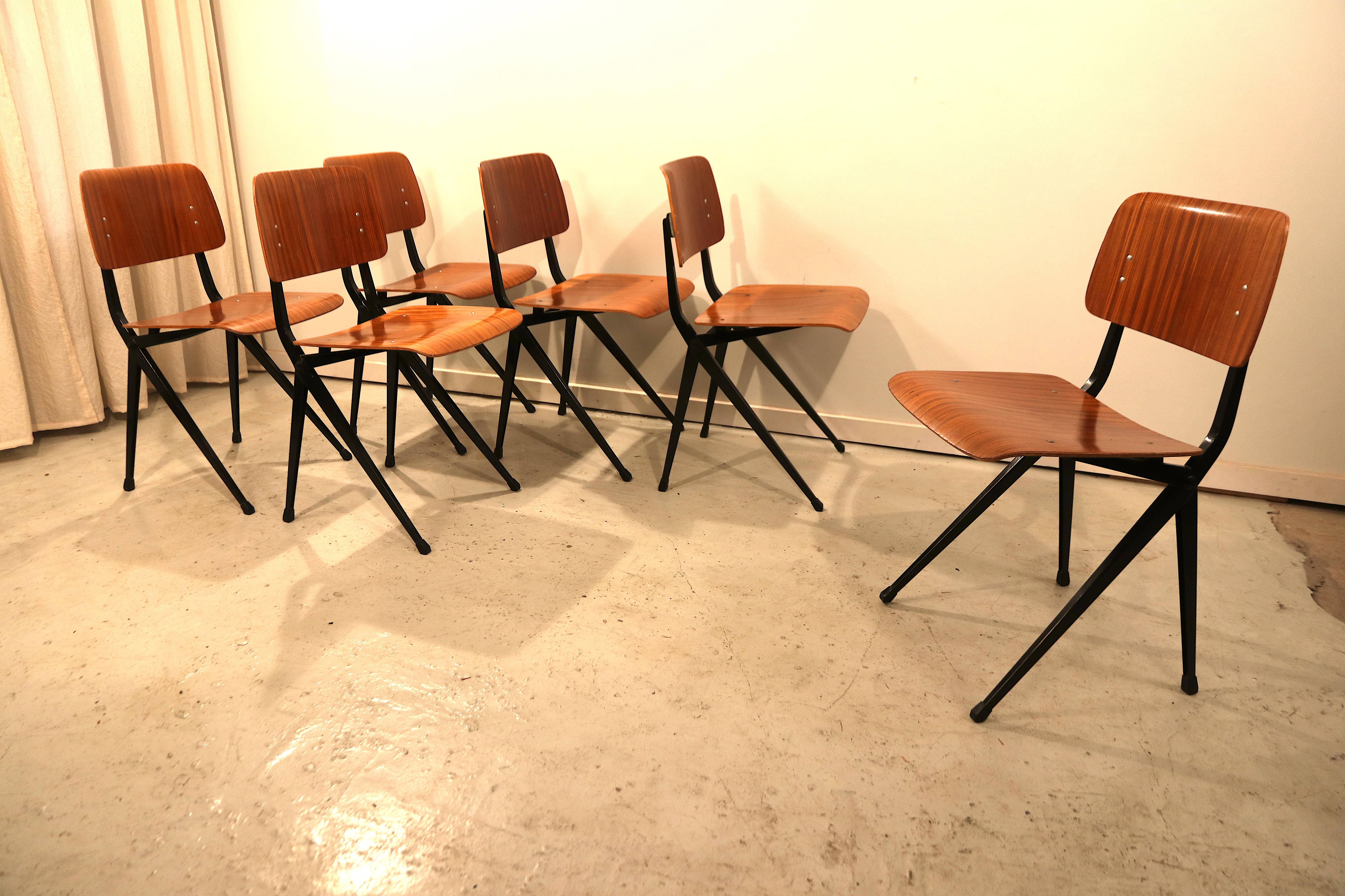 Mid-Century Modern Set of Six Industrial Compass Dining Chairs with Plywood For Sale