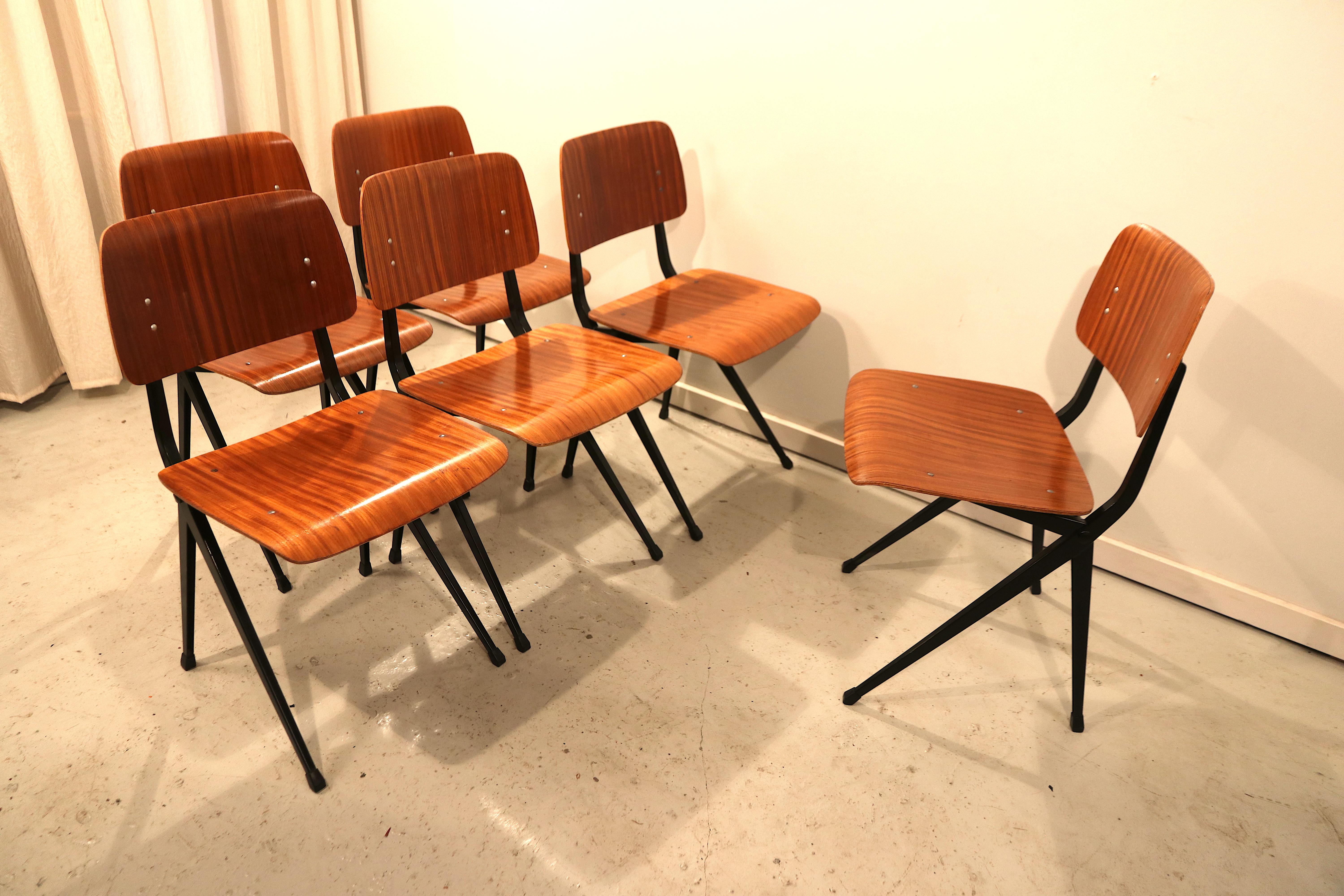 Dutch Set of Six Industrial Compass Dining Chairs with Plywood For Sale
