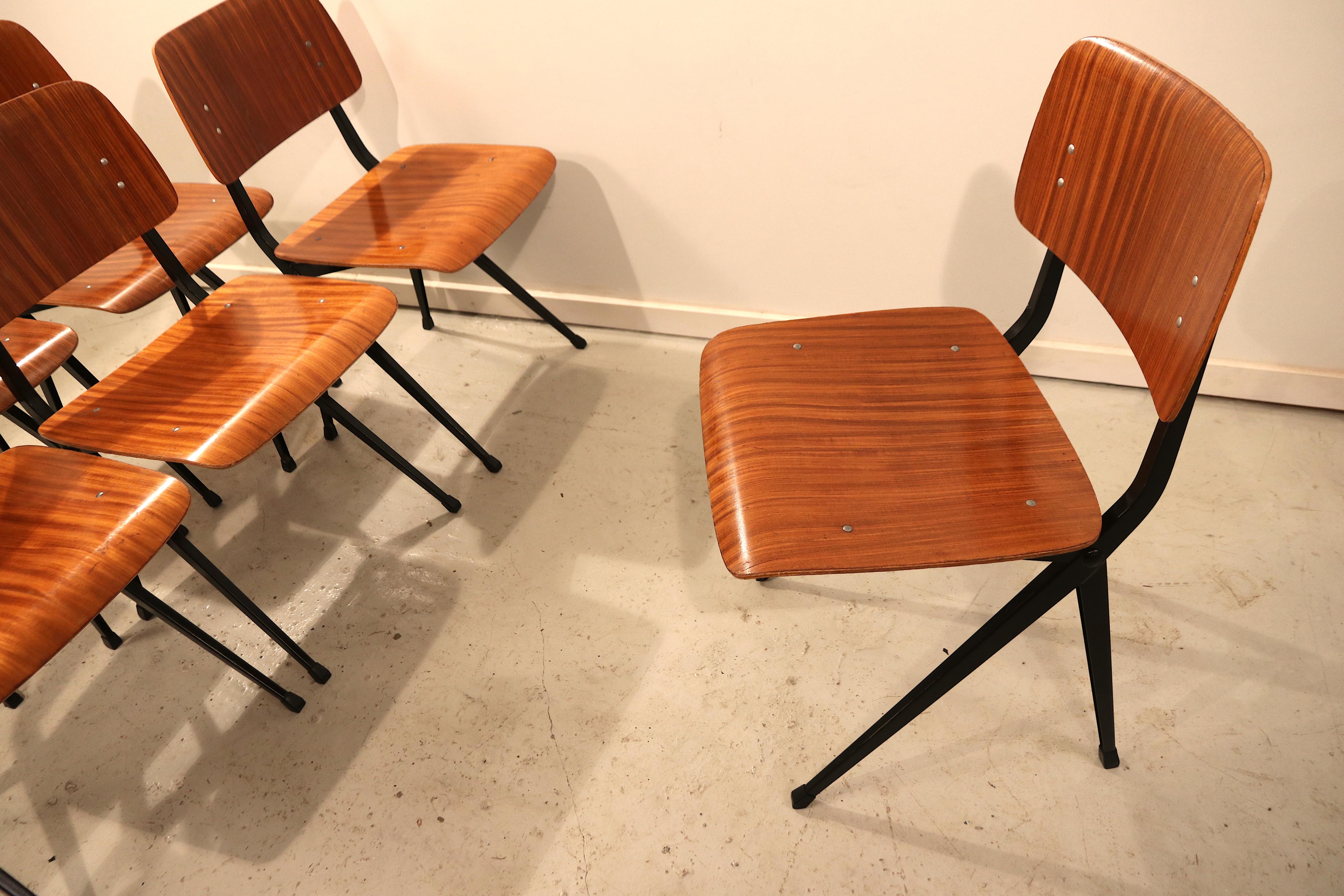 Lacquered Set of Six Industrial Compass Dining Chairs with Plywood For Sale