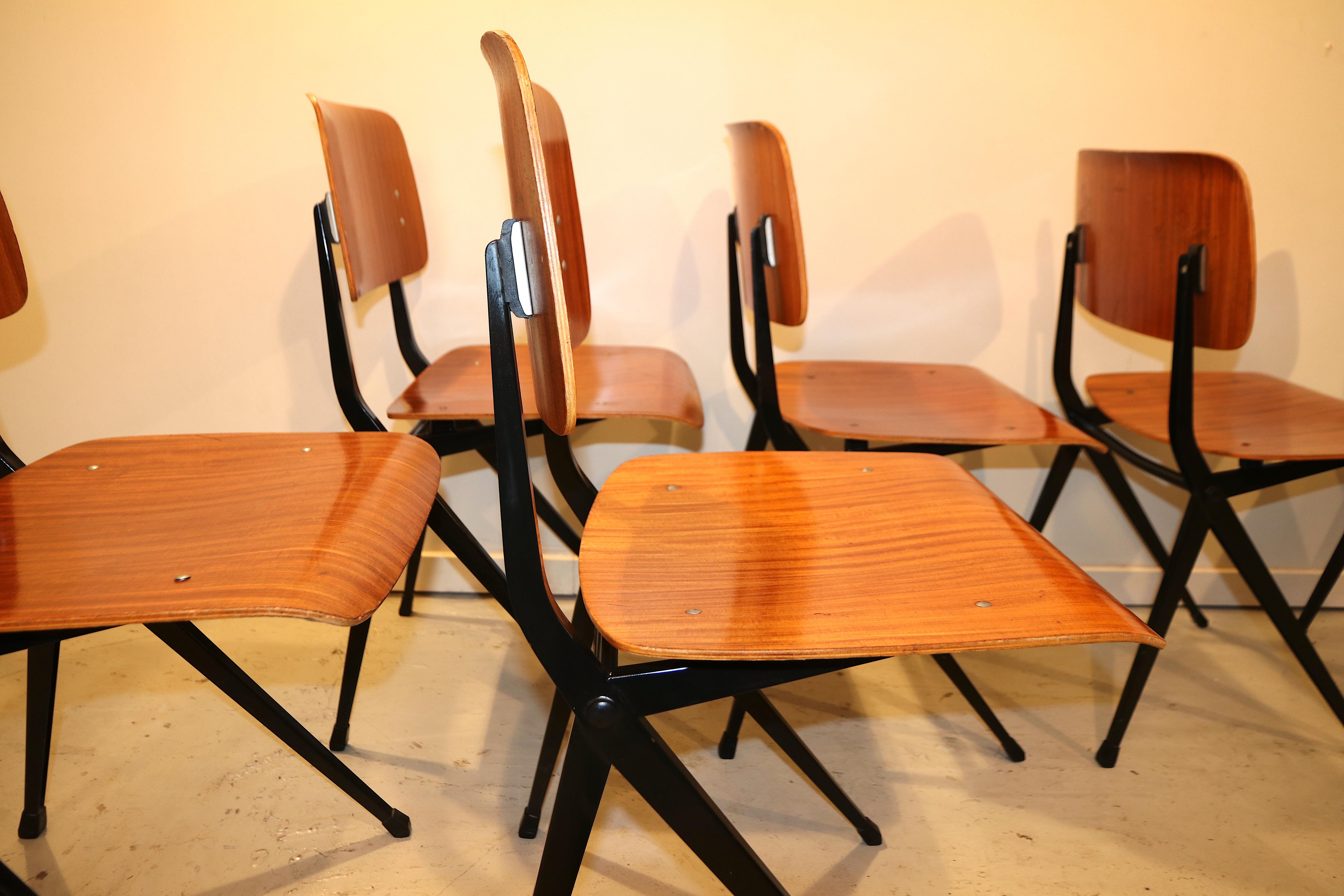 Set of Six Industrial Compass Dining Chairs with Plywood In Good Condition For Sale In Amsterdam, NL