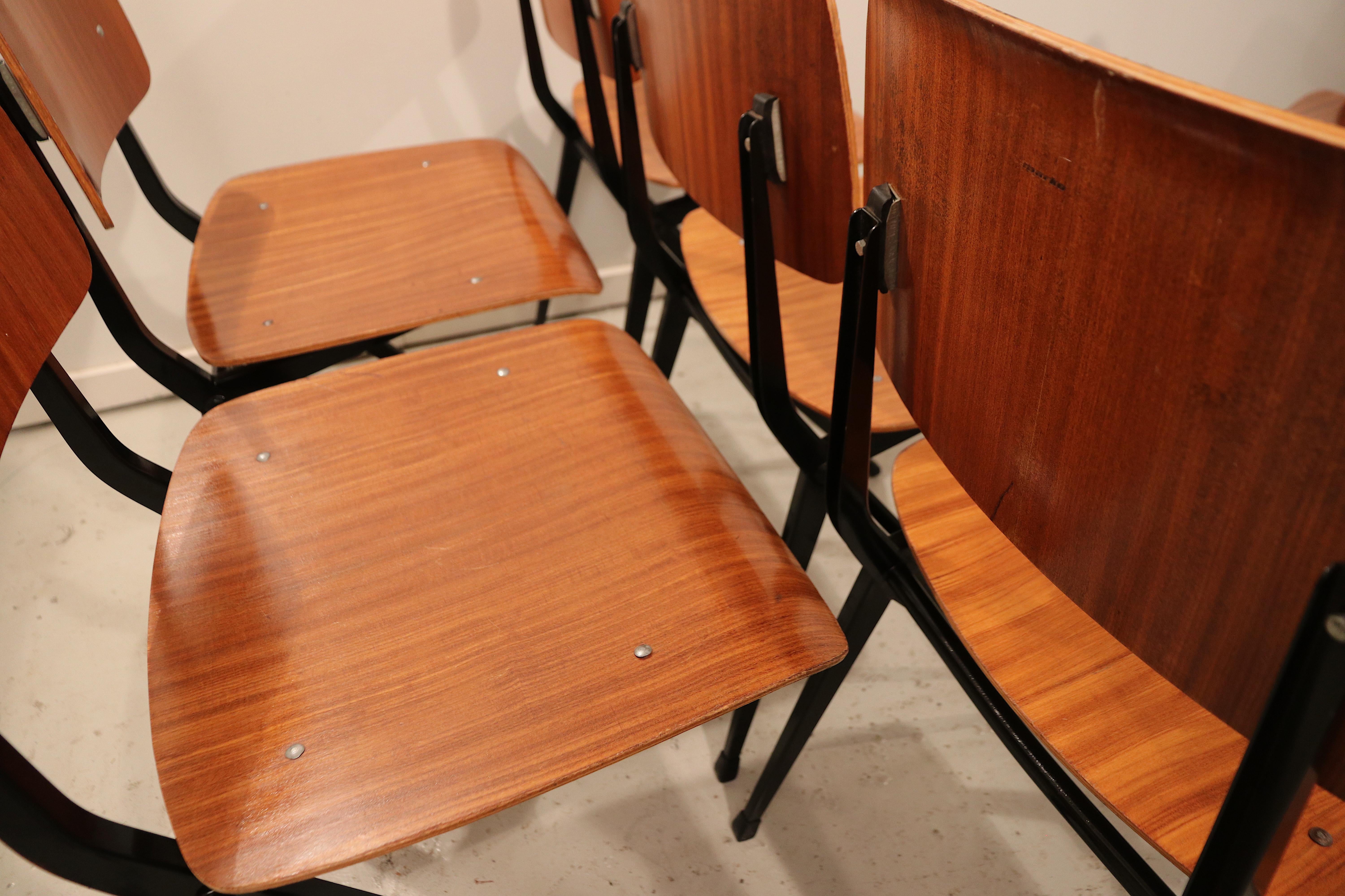 Mid-20th Century Set of Six Industrial Compass Dining Chairs with Plywood For Sale