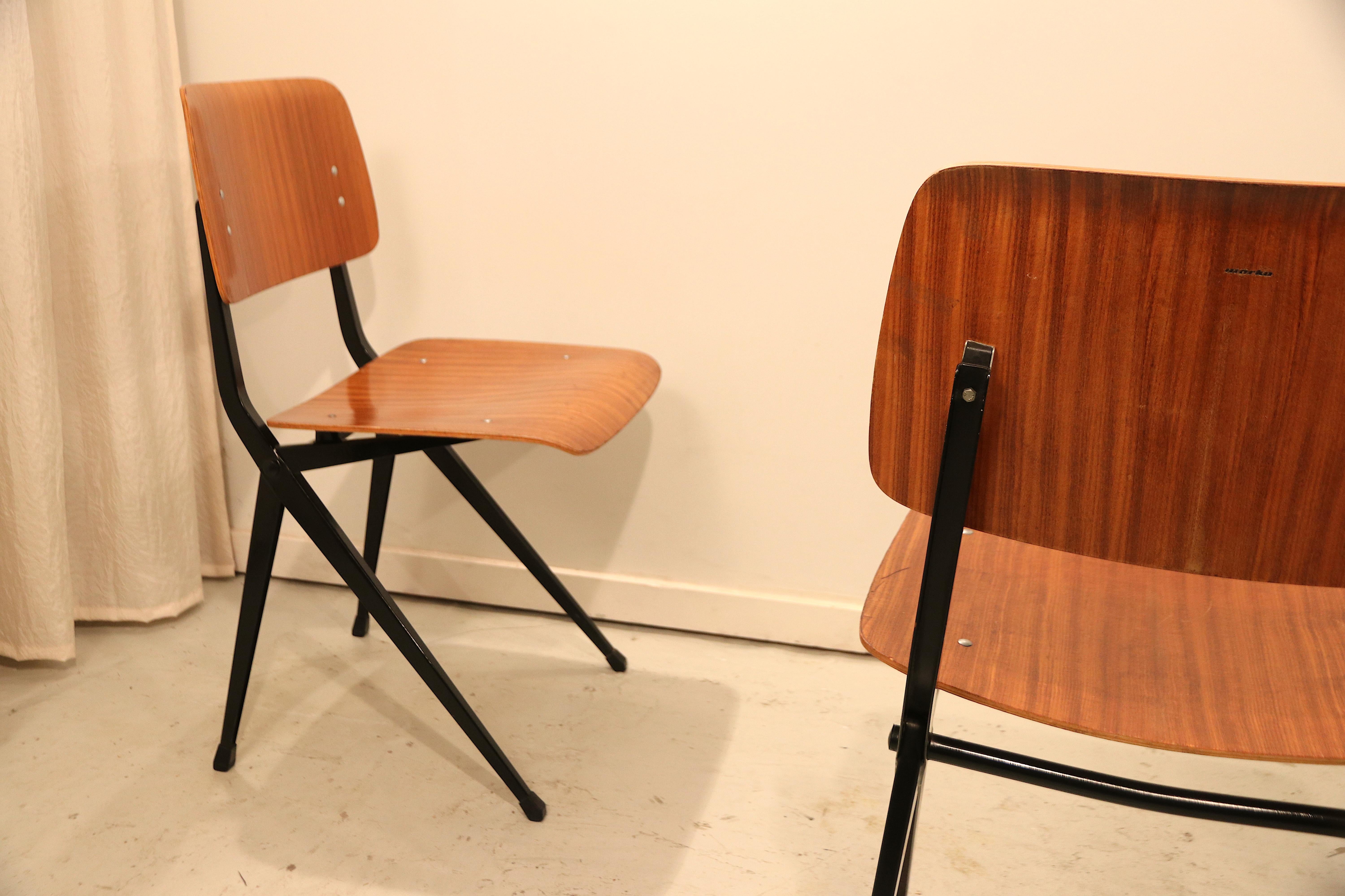 Metal Set of Six Industrial Compass Dining Chairs with Plywood For Sale