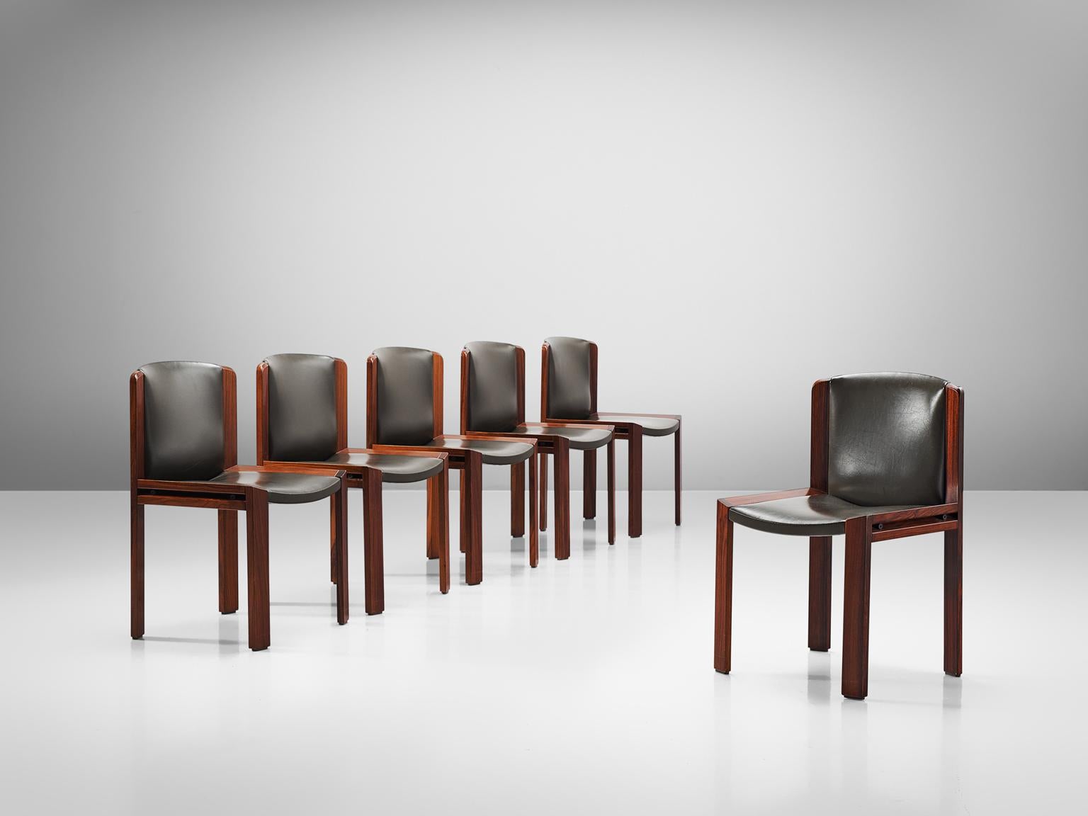 Joe Colombo for Pozzi, set of 6 dining chairs model '300', leather and stained oak, Italy, 1966.

Functionalist set of dining chairs is designed by Joe Colombo in 1966. His fascination with functionality meant he always focused on the user, which