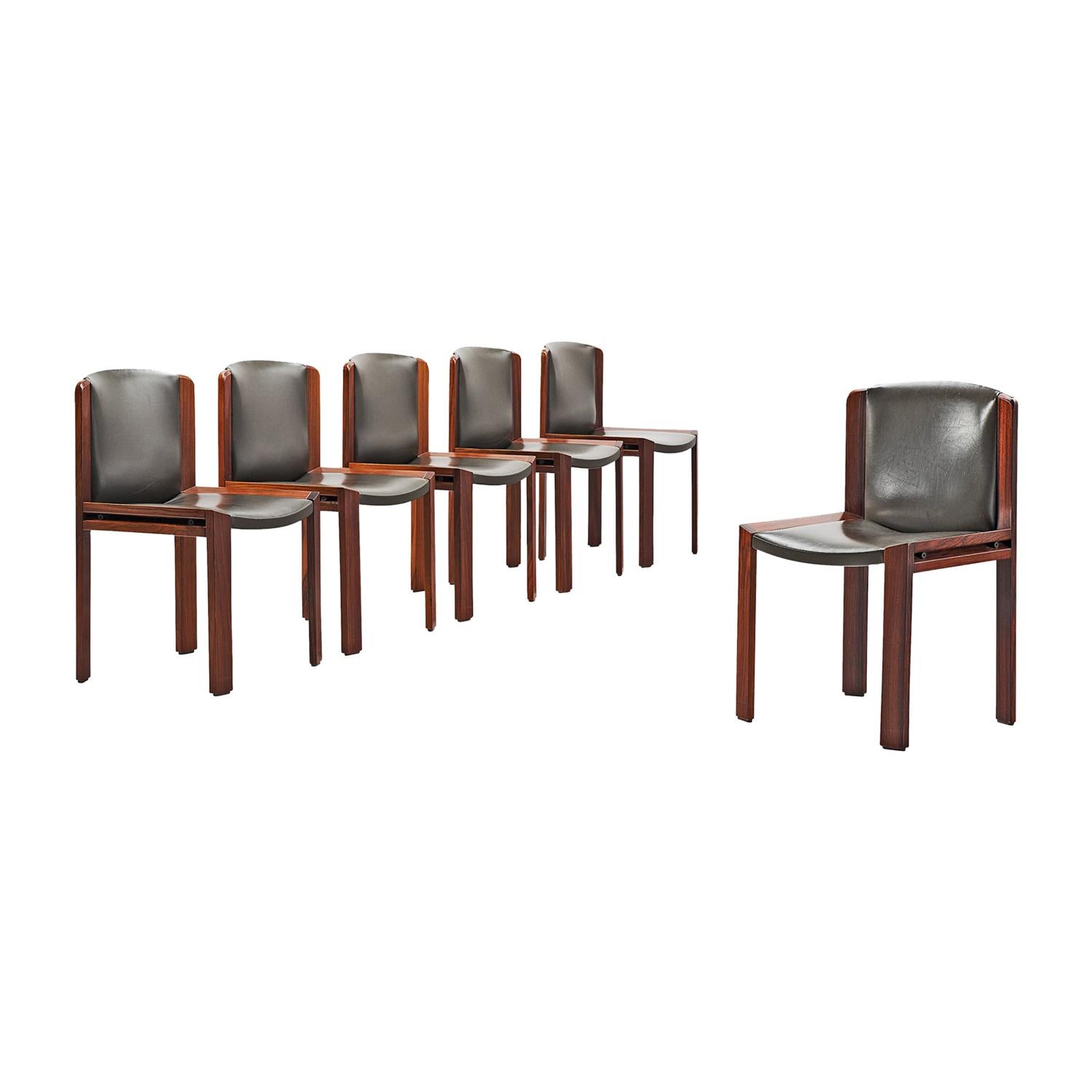 Set of Six Joe Colombo '300' Dining Chairs in Navy Green Leather