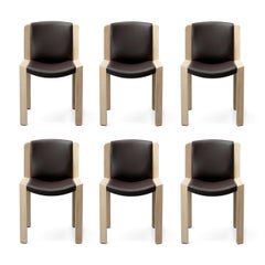 Set of Six Joe Colombo 'Chair 300' Wood and Sørensen Leather by Karakter